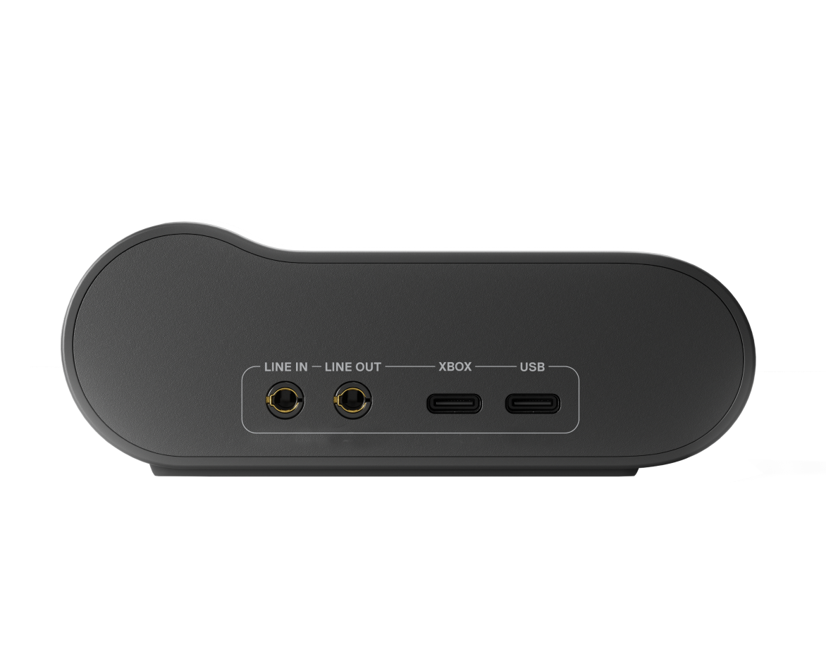 Szürke audio eszköz hátulja. Csatlakozások: line in/out, Xbox és USB.