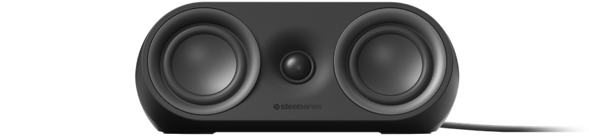 Fekete SteelSeries hangszóró. Ovális alakú, két hangszóróval és egy kis középső hangszóróval.