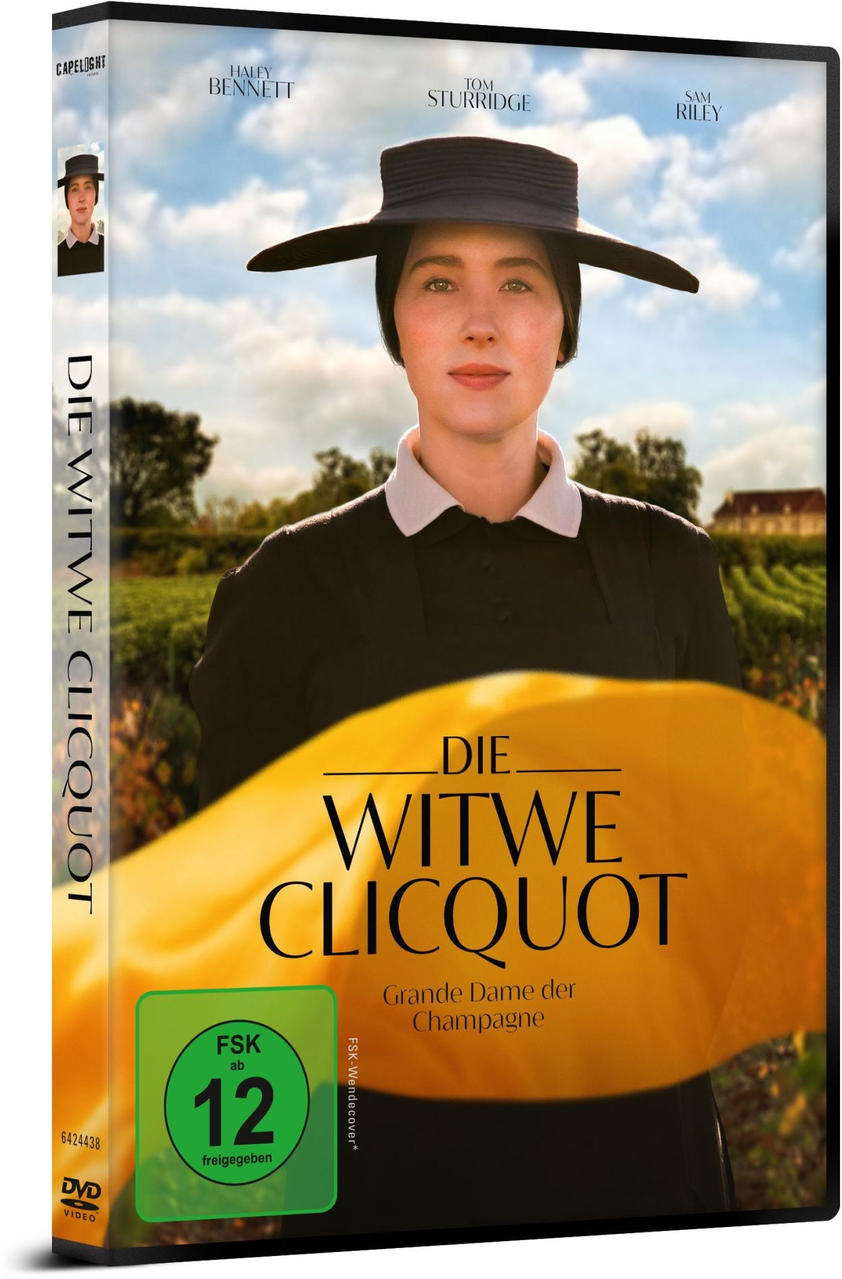 DVD-Hülle des Films 'Die Witwe Clicquot' mit einer Frau in einem schwarzen Kleid.