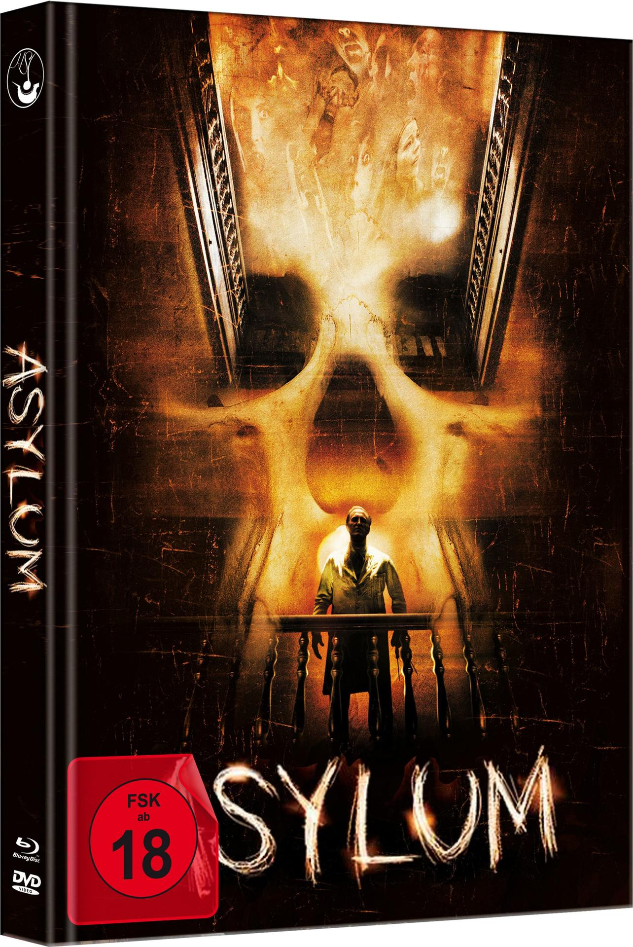 DVD-Cover für Asylum. Ein Mann steht auf einer Treppe, im Hintergrund Gesichter. Der Titel steht unten.