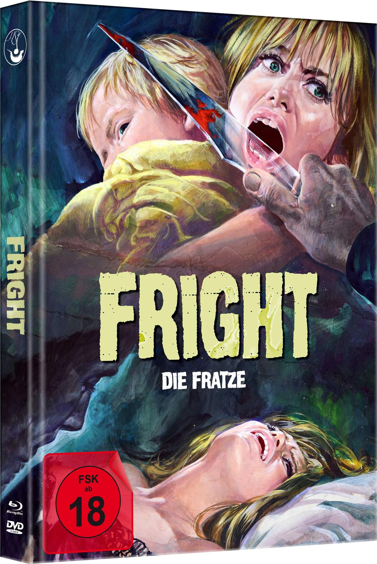 Filmtitel Fright, mit Messer, schreiender Frau und verängstigtem Kind.