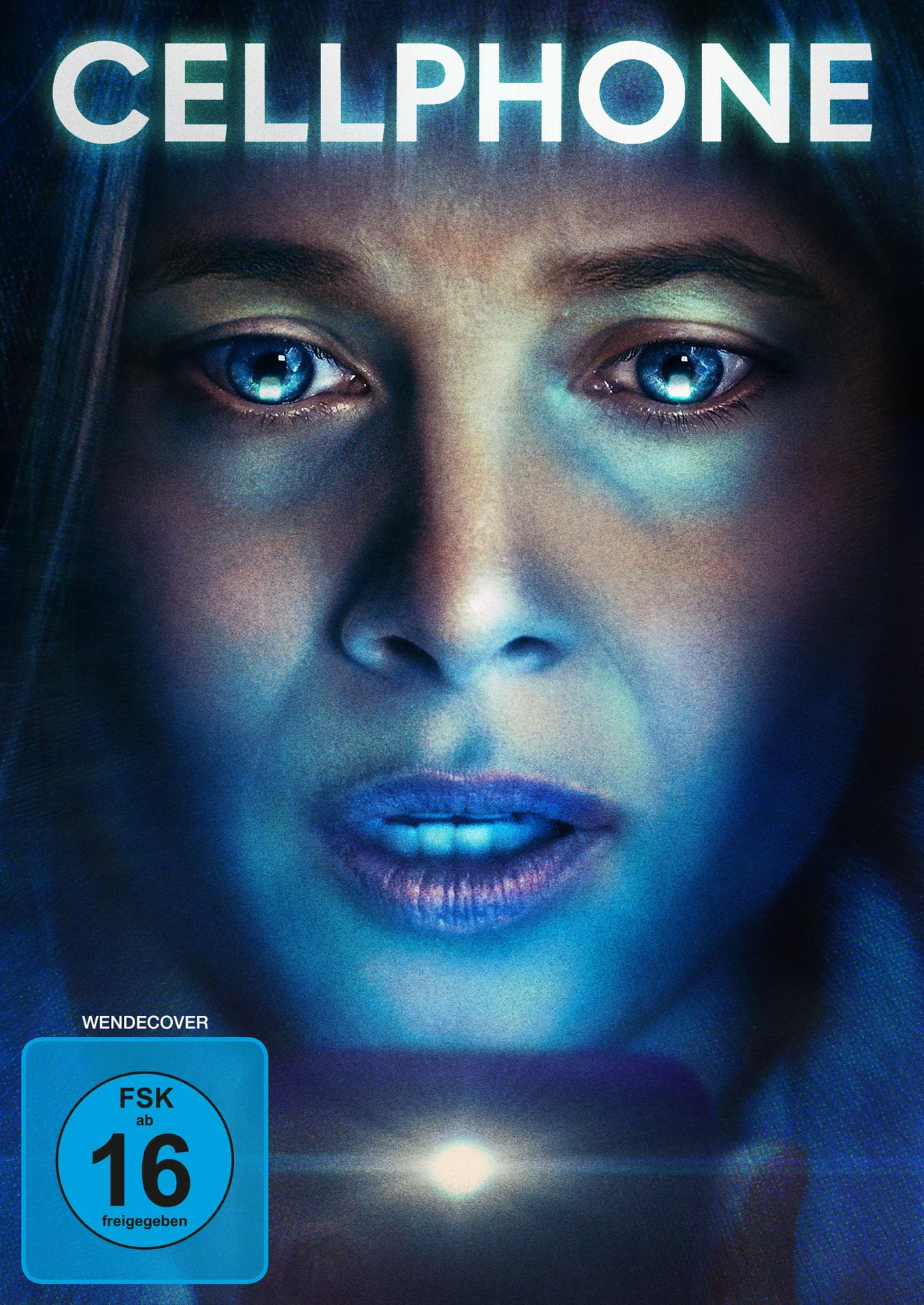 Filmcover; ein Frauengesicht mit blauem Licht und Text, mit einem Telefon im Vordergrund.