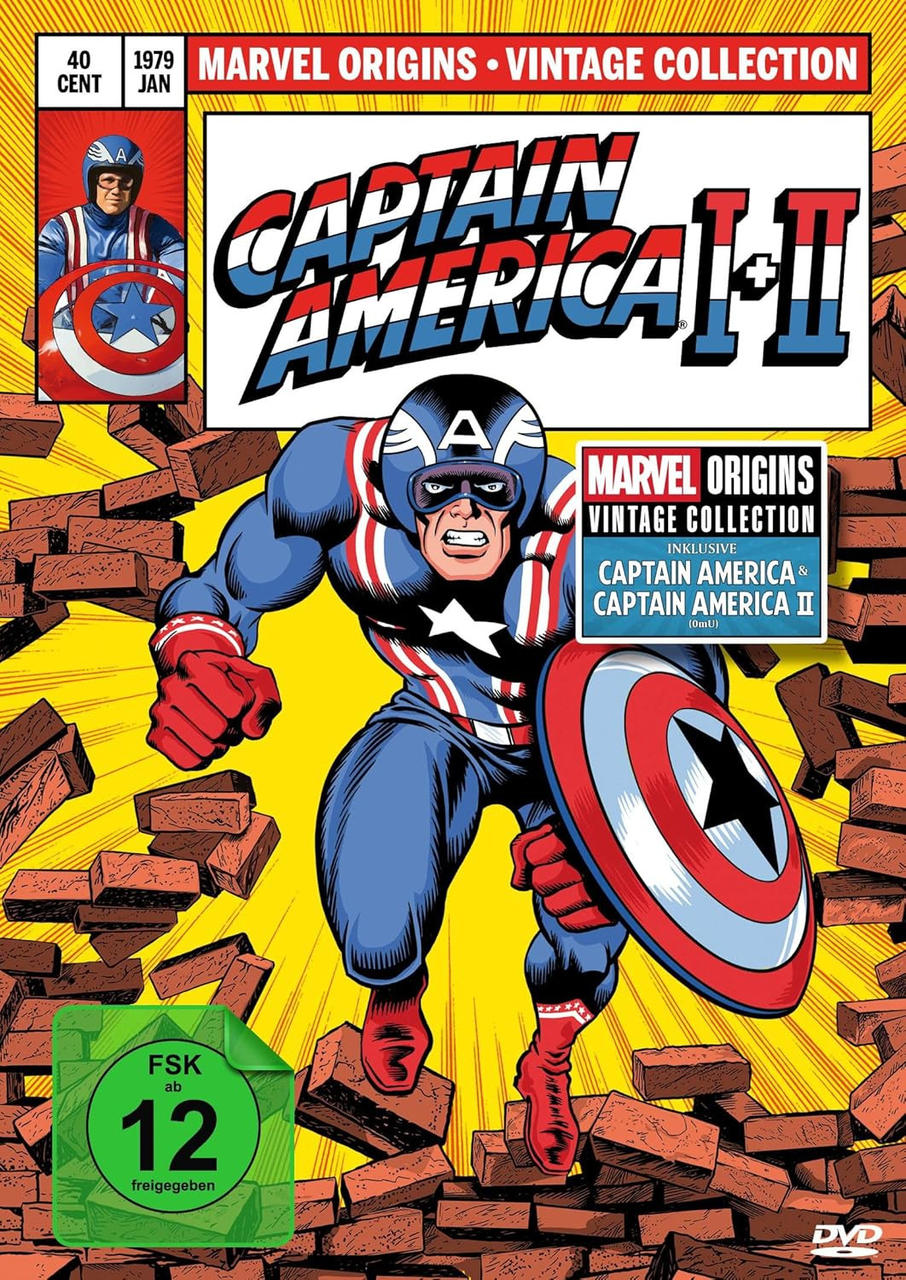 Comic-Cover von Captain America. Er trägt ein Kostüm, hält einen Schild, vor einem Hintergrund aus Ziegeln.
