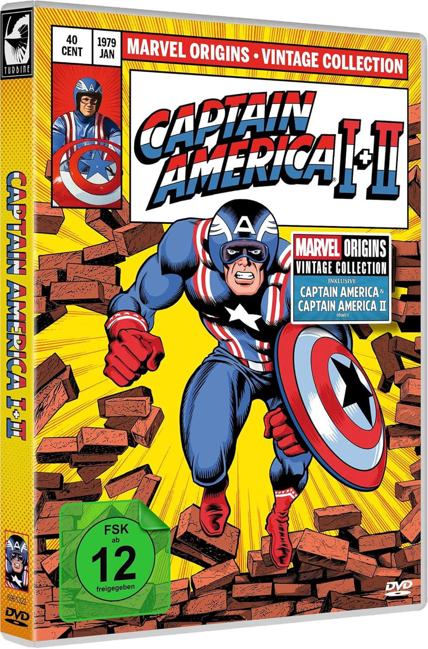 DVD-Box von Captain America II. Das Cover zeigt Captain America in Aktion, mit Backsteinmauer-Hintergrund und Text.