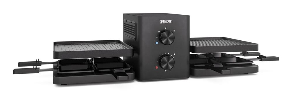 Ein schwarzer Princess Raclette-Grill. Er hat eine zentrale Steuereinheit mit Drehreglern, zwei Grillflächen und vier Käseschmelzschalen.