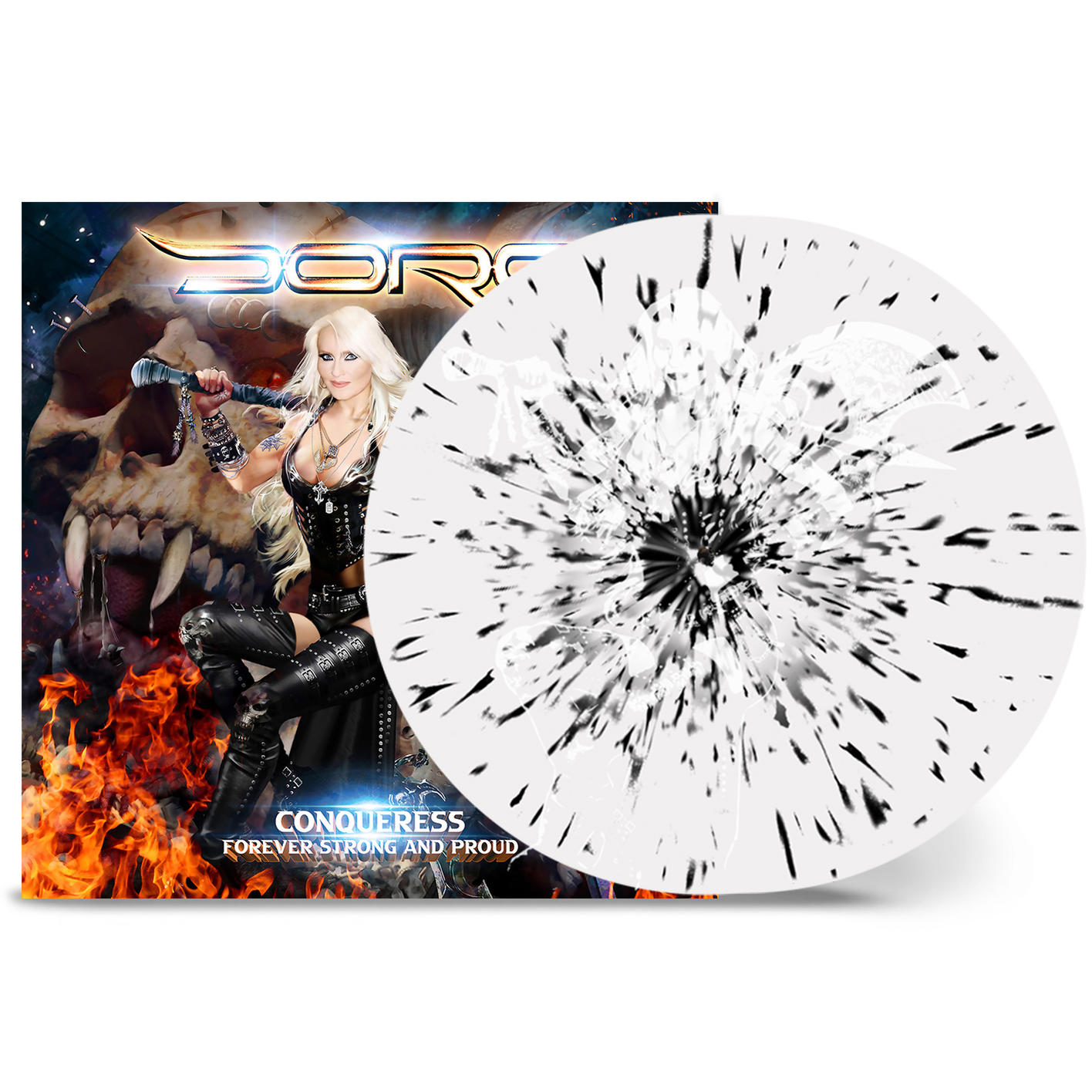 Fehér-fekete dizájnnal ellátott bakelit lemez és zenei album borító.