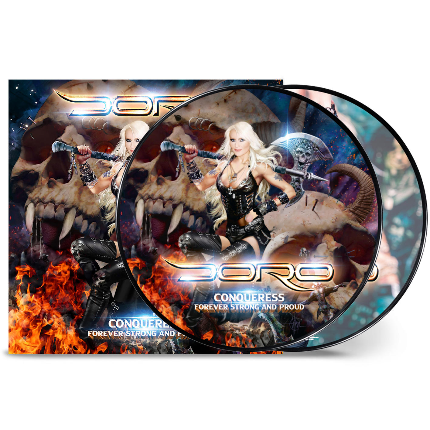 Doro "Conqueress" albumának borítója koponyával, lángokkal és fegyveres nővel.