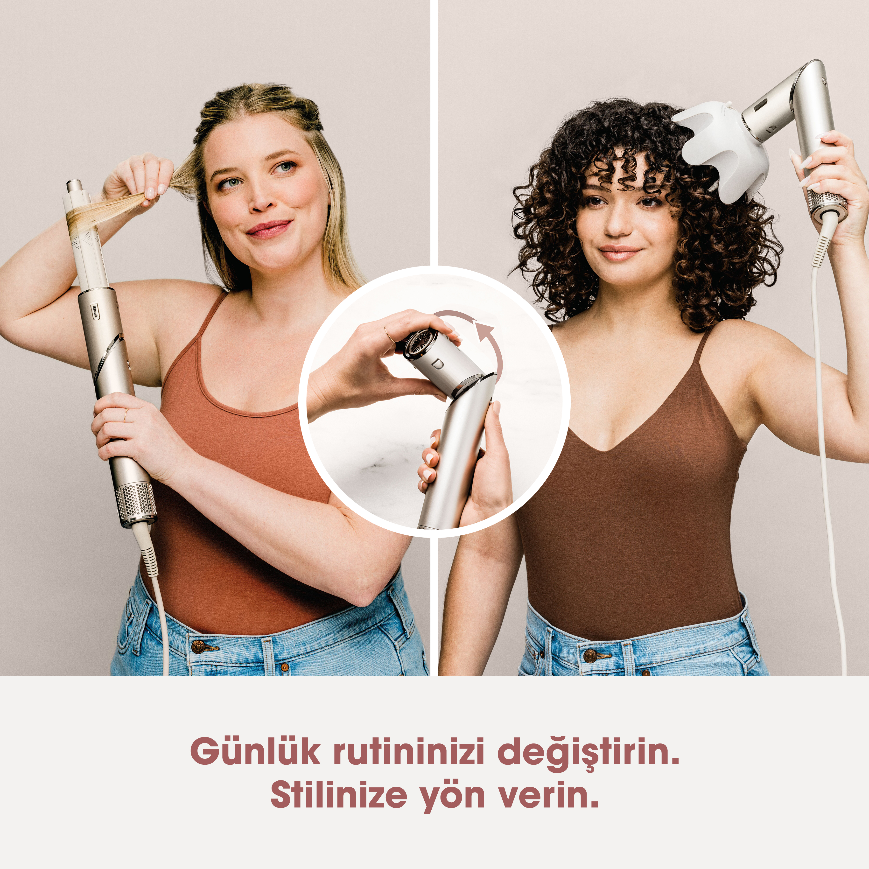 İki kadın farklı araçlarla saçlarını şekillendiriyor. Biri maşa kullanıyor, diğeri saç kurutma makinesi.