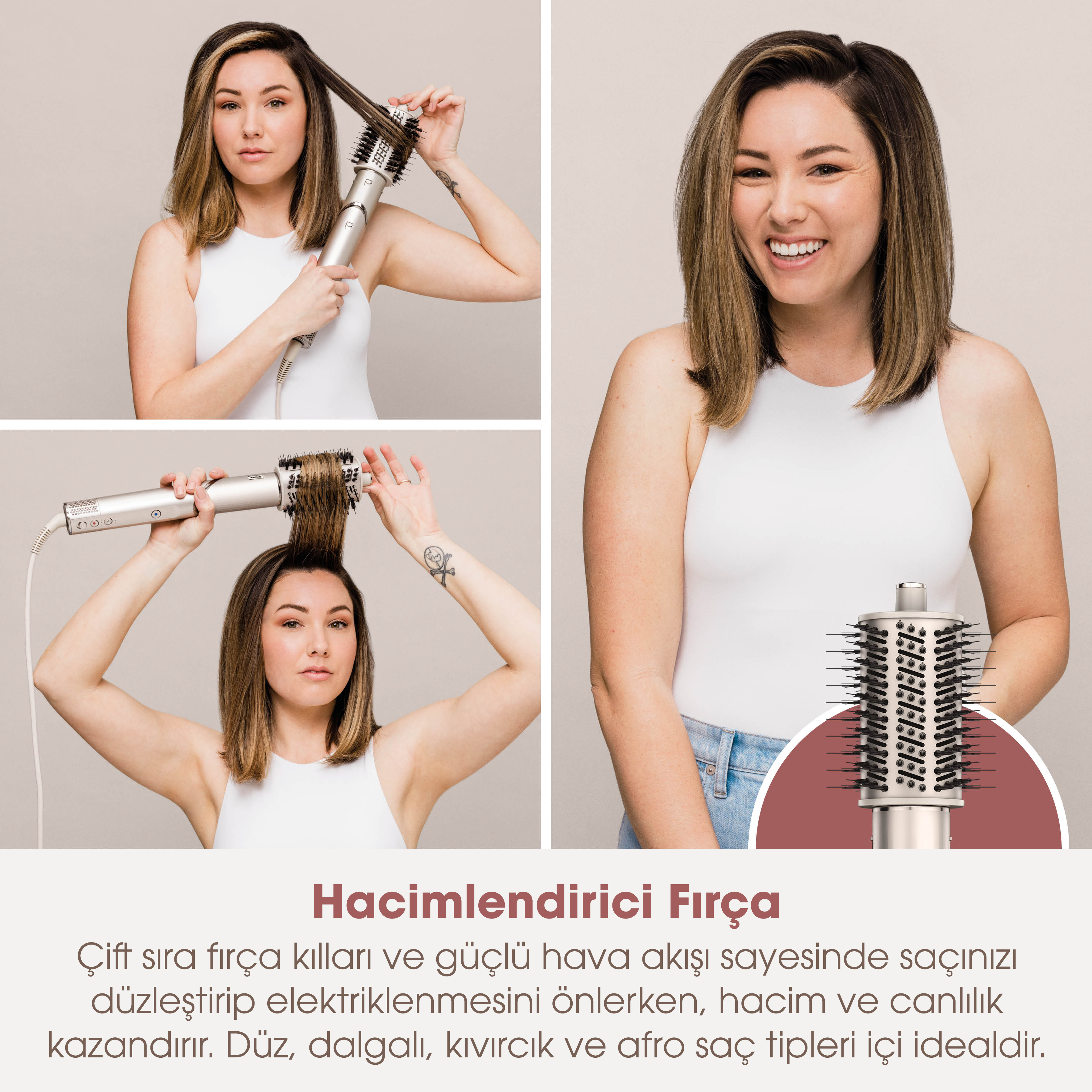 Bir kadın, hacim veren bir fırçayla saçını şekillendiriyor. Fırçayı ve şekillendirilmiş saçı gösterir.
