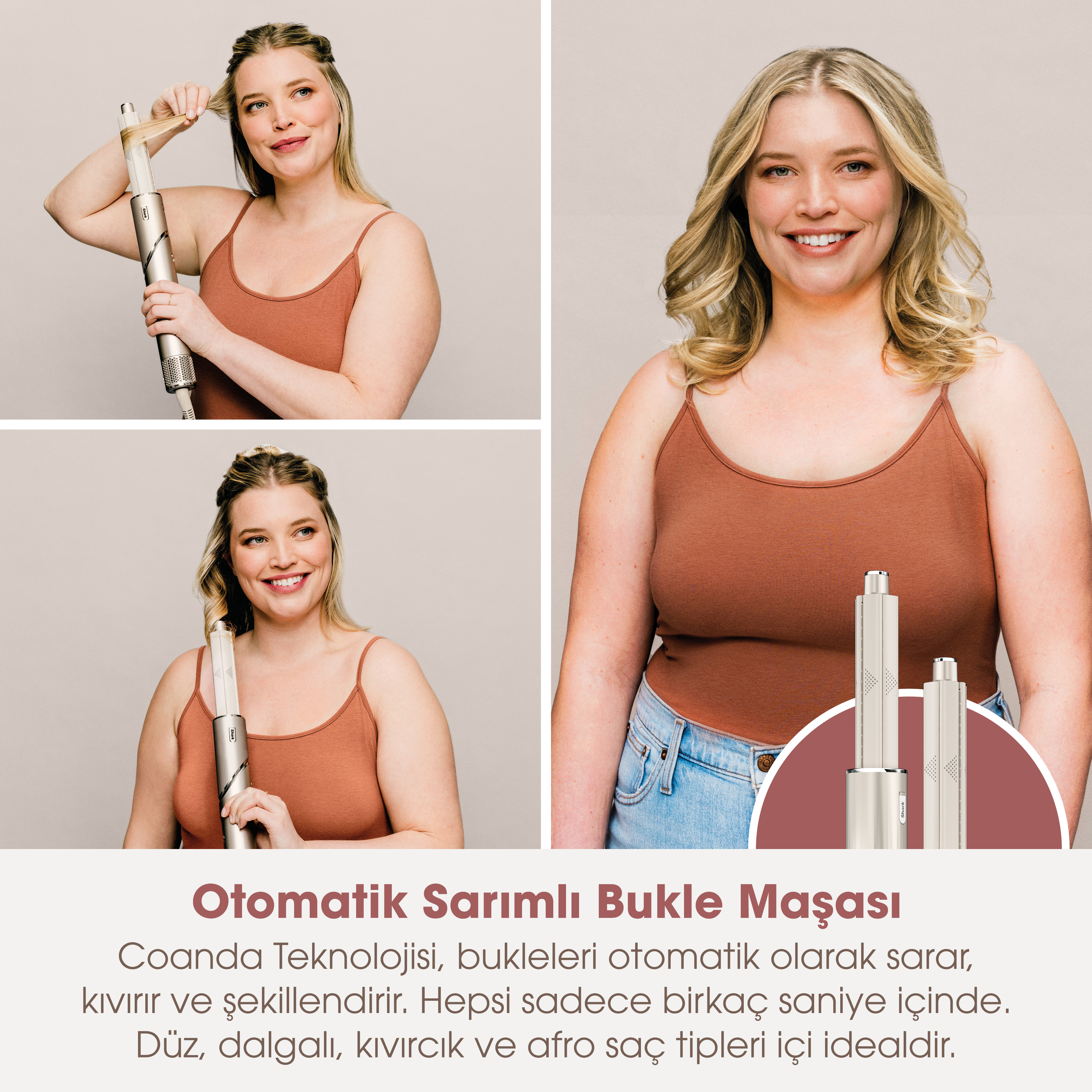 Kadın, maşa ile saçını kıvırıyor. Üç görünüm: kıvırma, şekillendirme ve nihai sonuç.