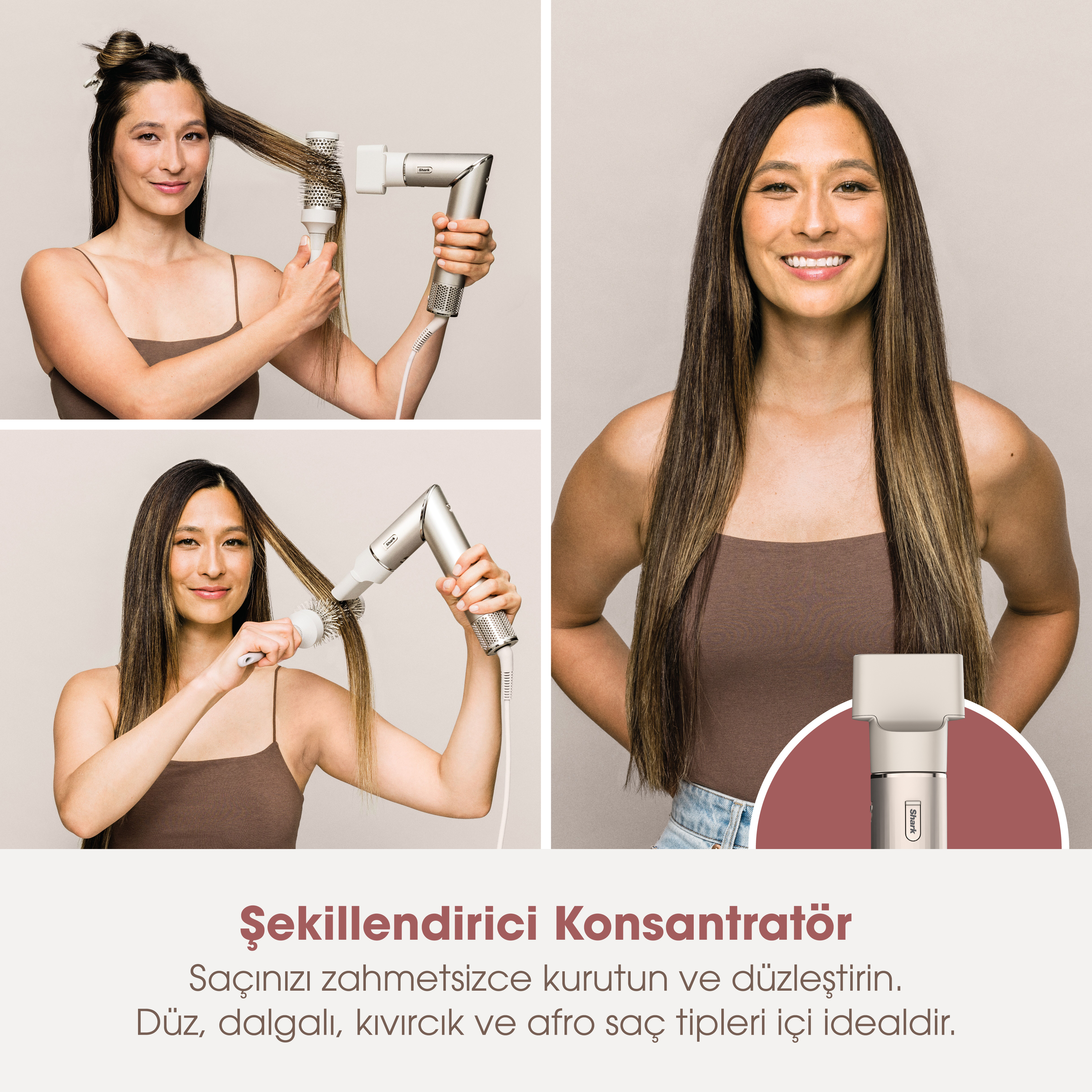 Kadın, saçını düzleştirmek için bir şekillendirme aracı kullanıyor. Birçok görüntü, şekillendirme aşamalarını gösteriyor.