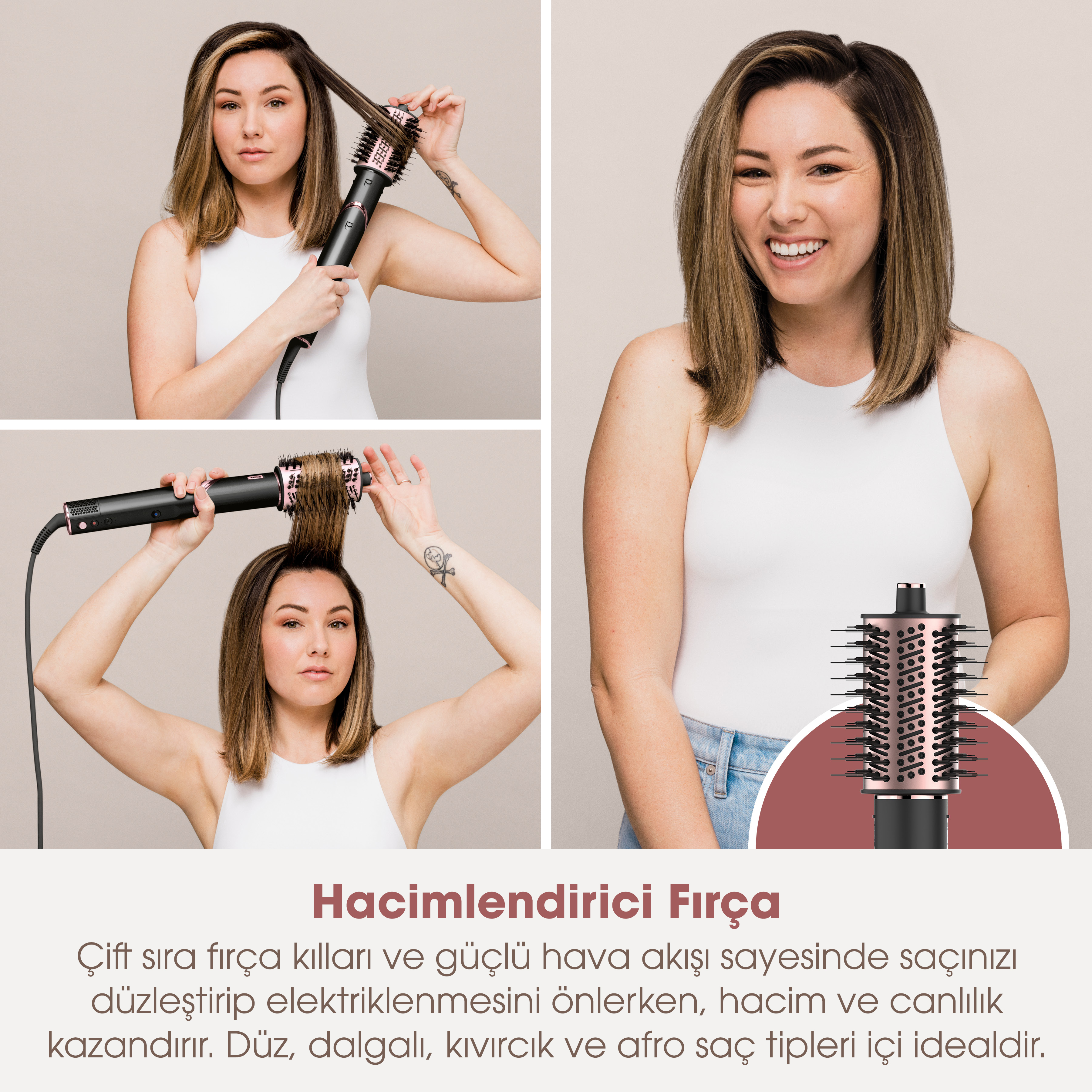 Kadın fırça ile saçını şekillendiriyor. Üç görünüm: kıvırma, şekillendirme ve nihai sonuç.