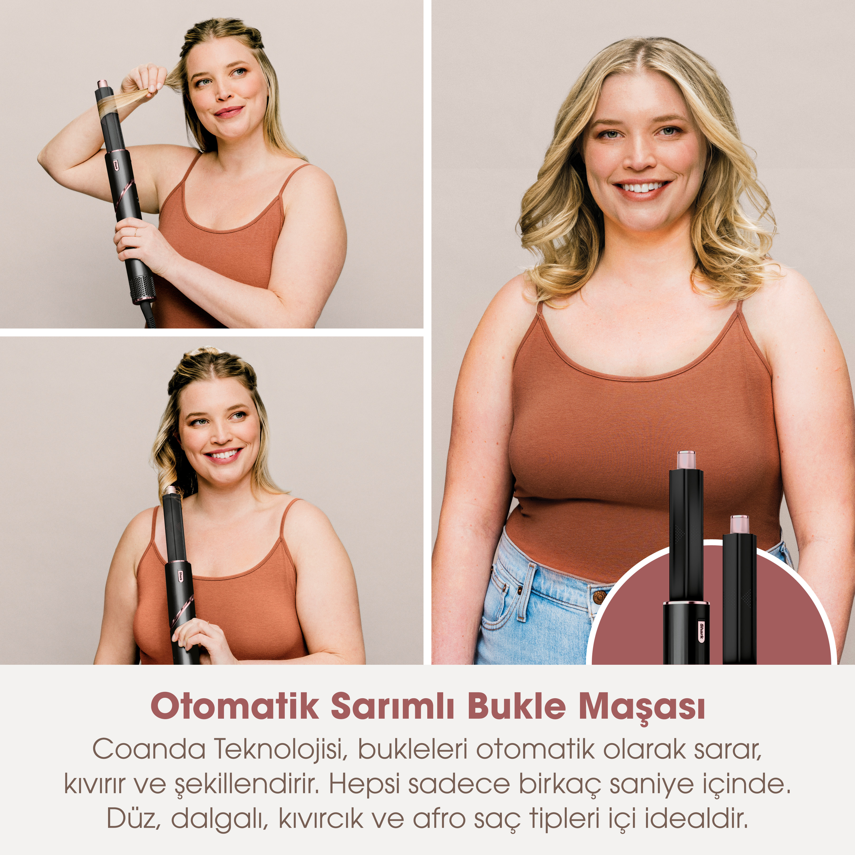 Kadın maşa kullanıyor. Üç resim: Saçları kıvırmak, gülümsemek ve ürün teşhiri.