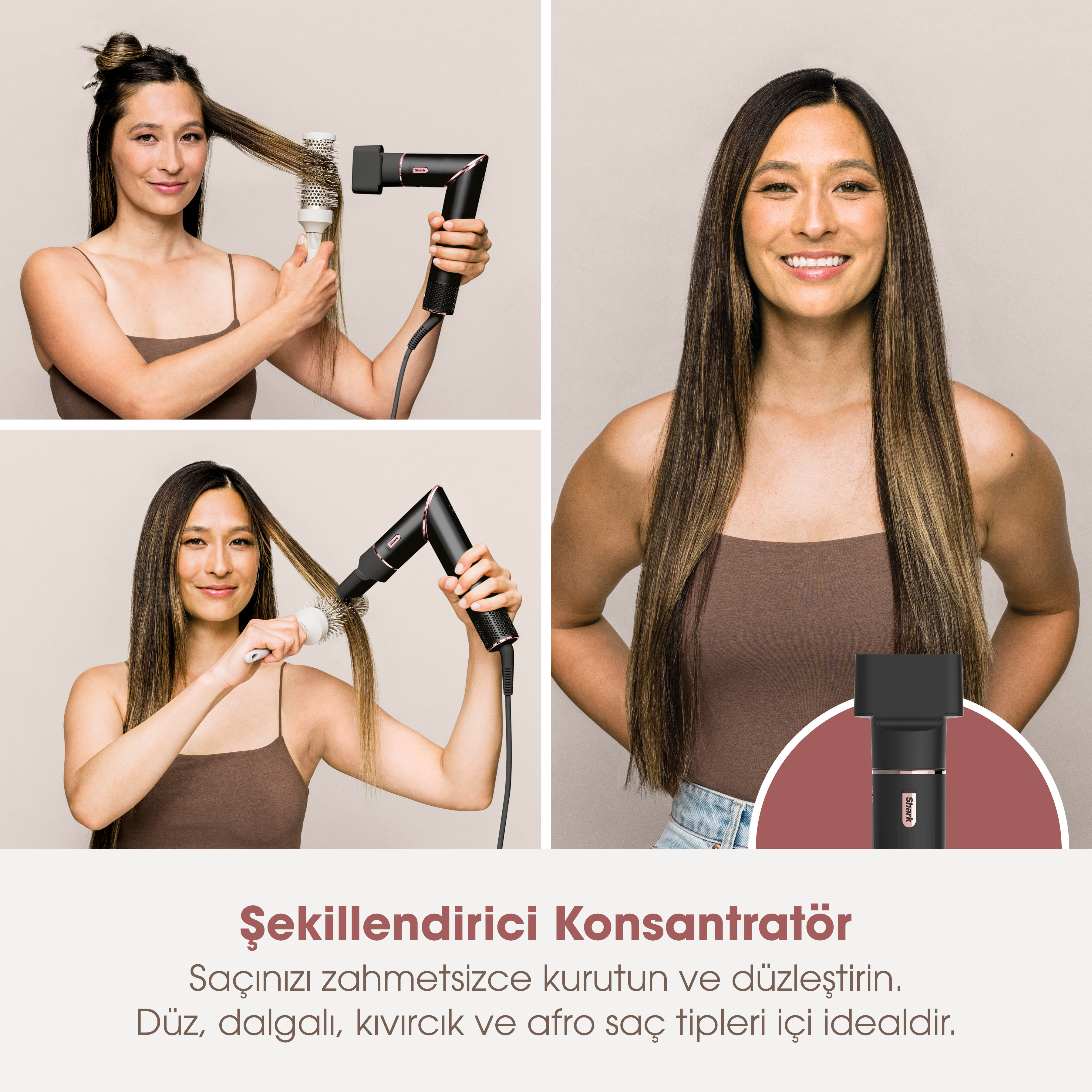 Kadın, şekillendirme aracıyla saçını şekillendiriyor. Üç görünüm: kurutma, şekillendirme ve bitmiş.