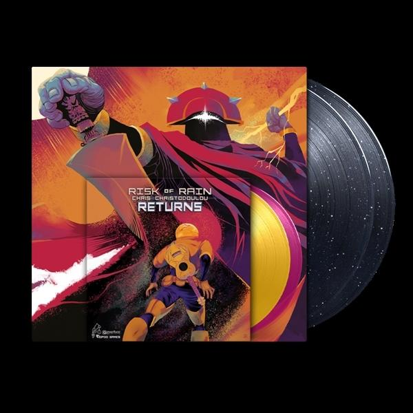 Vinyl-Cover mit Figur, die Blitz hält. Comic-Stil. Schwarzer Hintergrund.