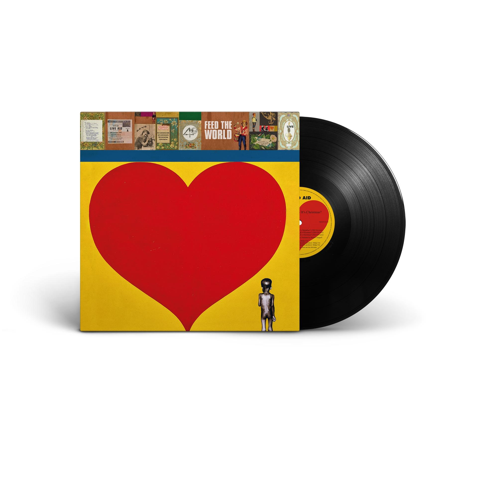 Schallplatte mit rotem Herzdesign, Albumcover mit mehreren Bildern.