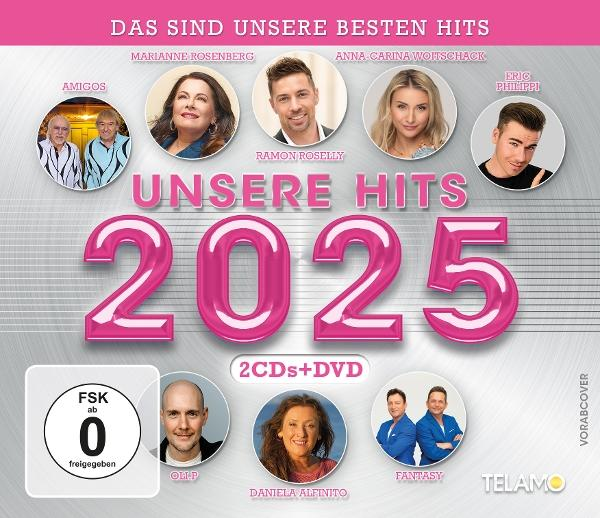 CD-Cover mit mehreren Sängern. Rosa Text mit der Aufschrift "UNSERE HITS 2025".