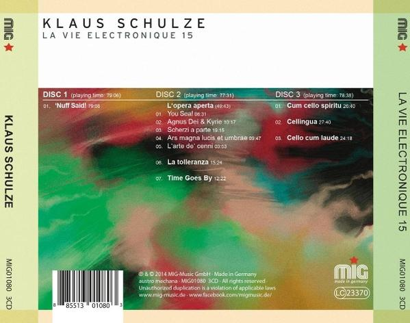 Die Rückseite eines Klaus Schulze CD-Albums mit Titellisten und Design-Details.