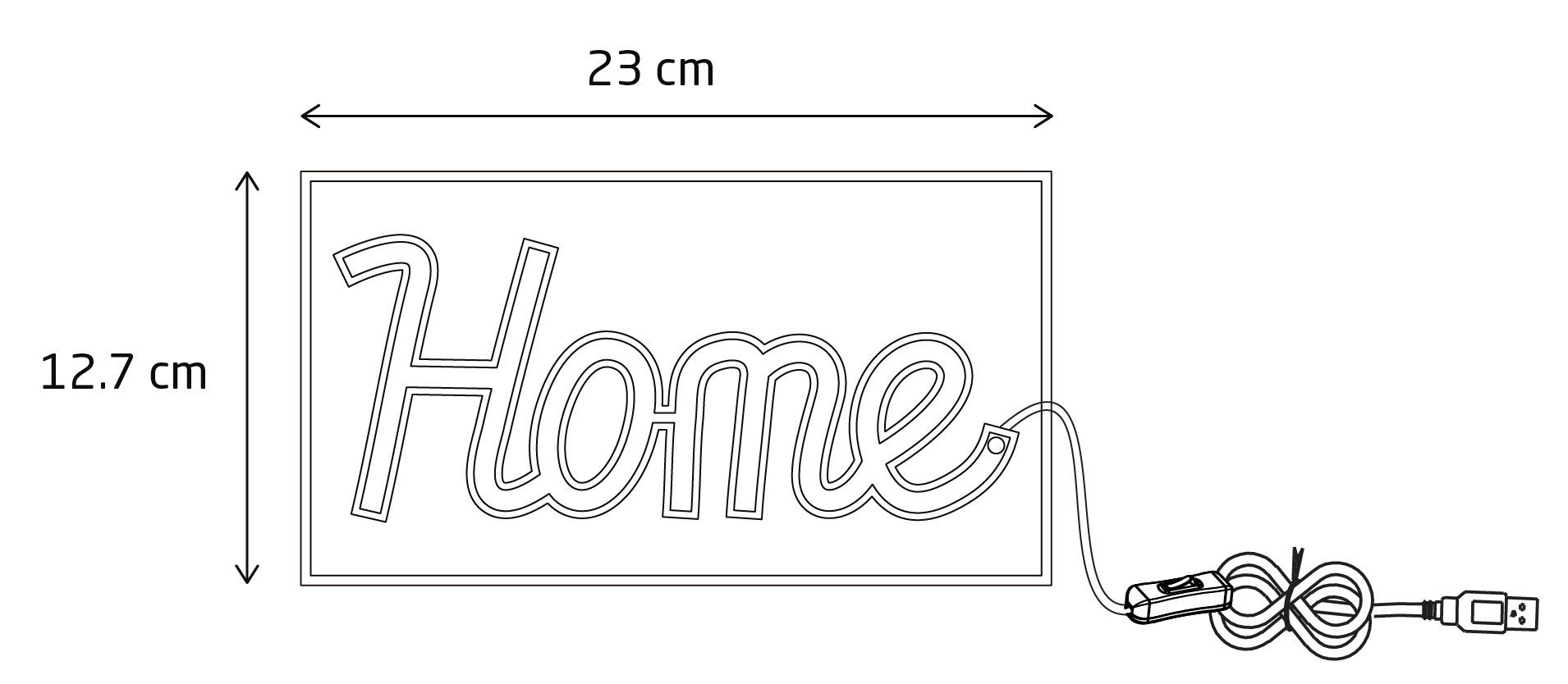 Neon-Schild mit dem Wort 'Home' in Schreibschrift. Abmessungen und Netzkabel sind gezeigt.