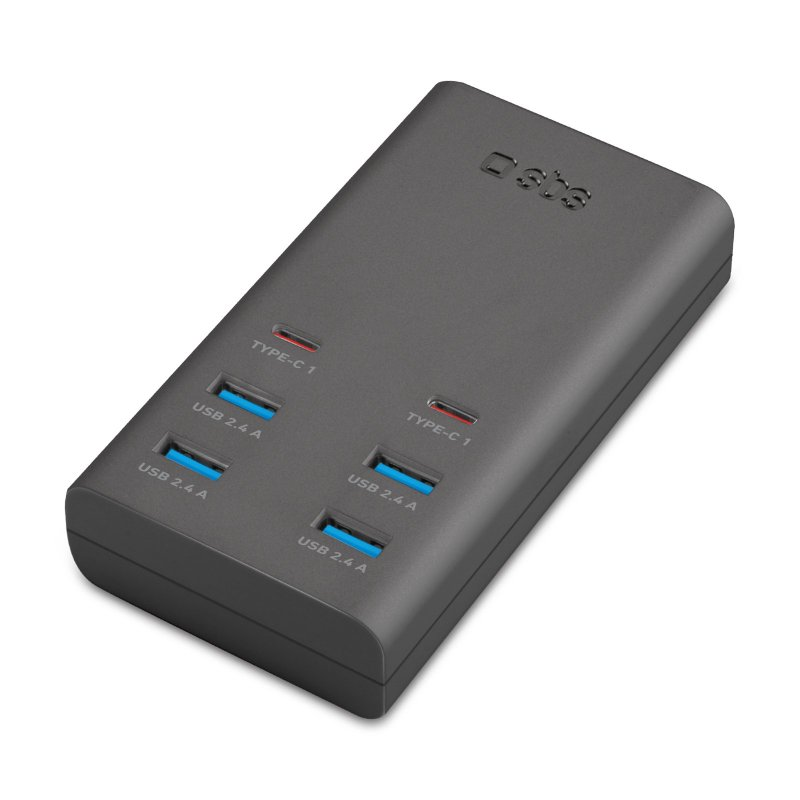 Ciemnoszara ładowarka USB z wieloma portami, z wieloma portami USB i USB-C.