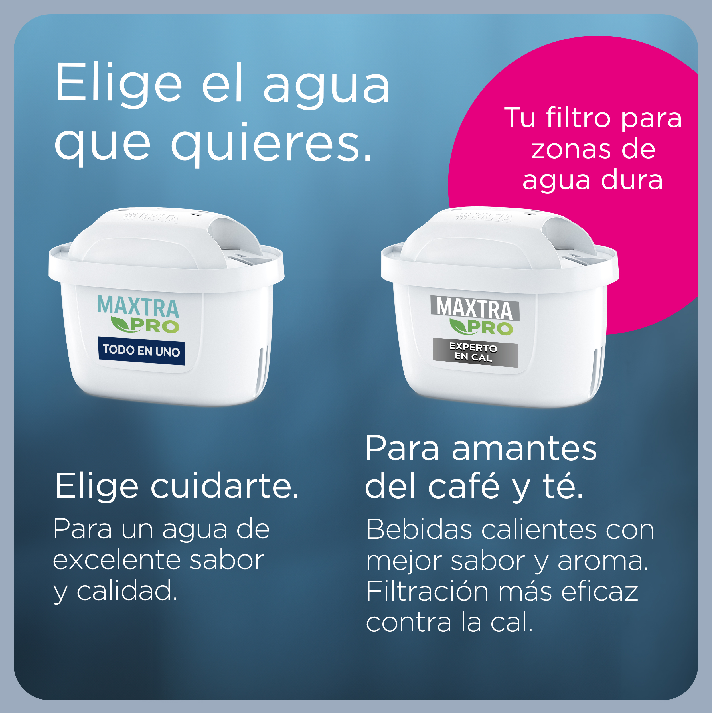 Dos cartuchos de filtro de agua, con texto que promueve su uso para un agua y café de mejor sabor.
