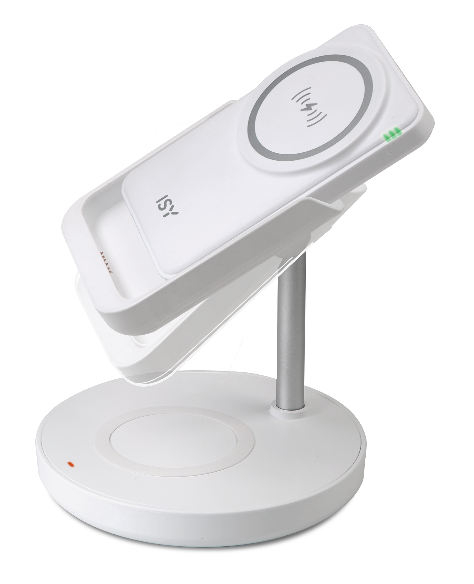 Biała bezprzewodowa podstawka ładująca z telefonem, demonstrująca proces ładowania.