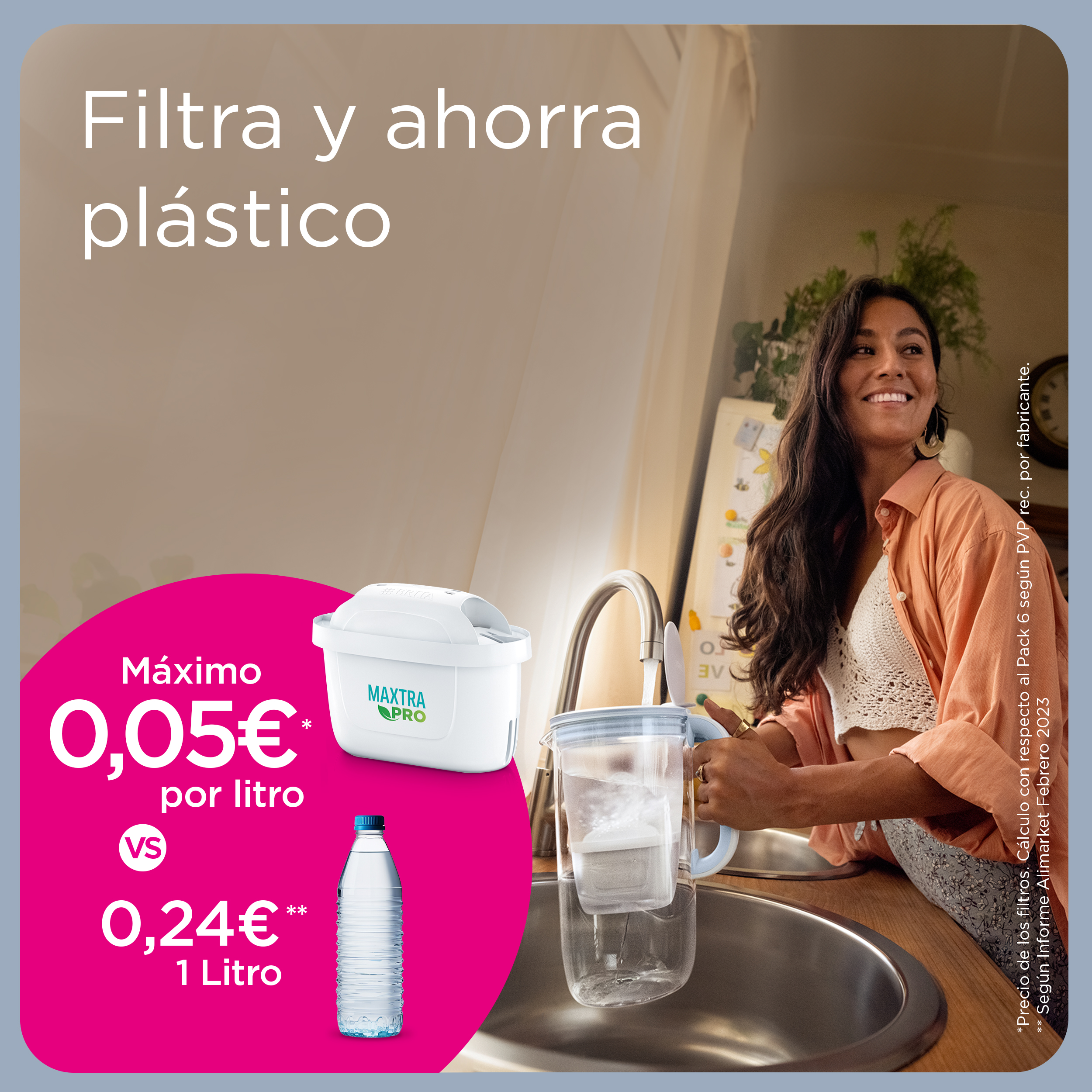 Mujer junto a un fregadero con un filtro de agua y texto sobre filtrar y ahorrar plástico.