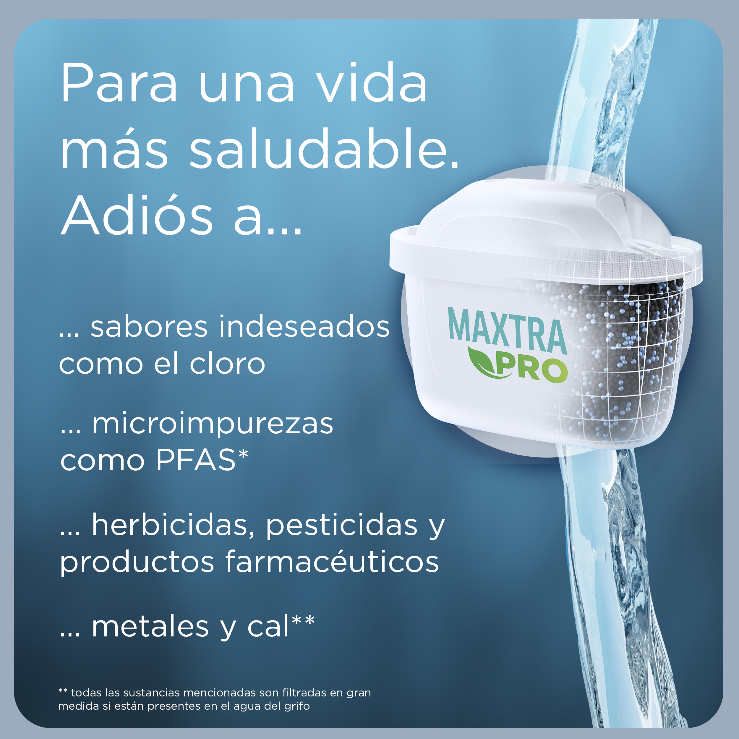 Un filtro de agua con texto, sobre un fondo azul, con chorros de agua.