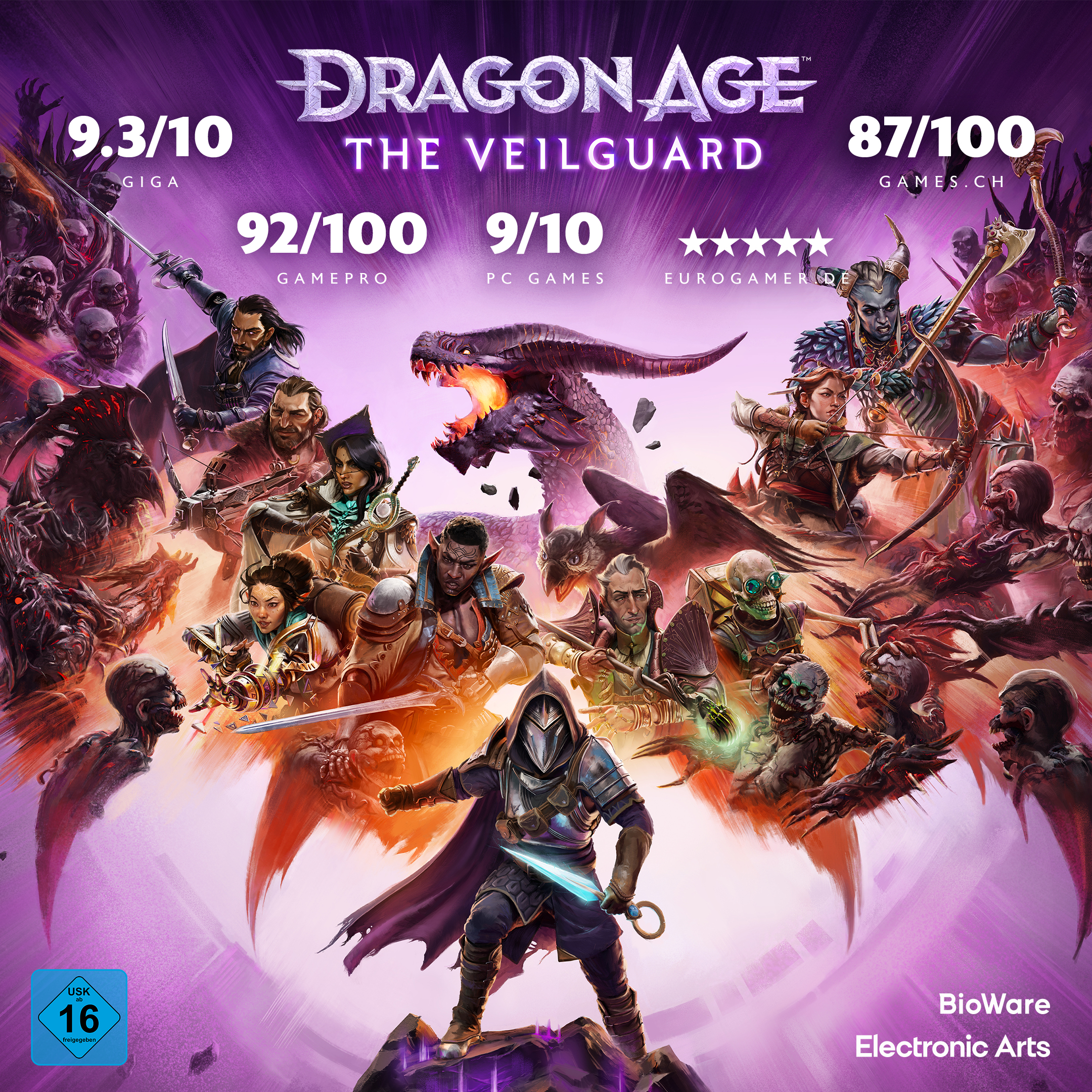 Spielcover mit mehreren Charakteren und Wertungen. Dragon Age: The Veilguard steht geschrieben.