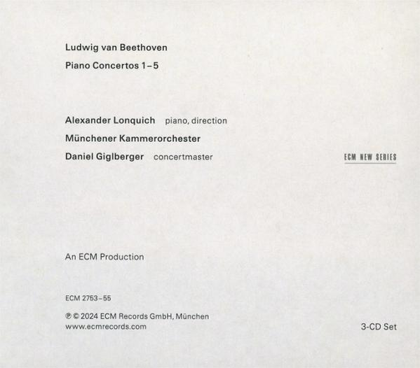 Ein CD-Cover mit Text über Beethovens Klavierkonzerte und Credits auf weißem Grund.