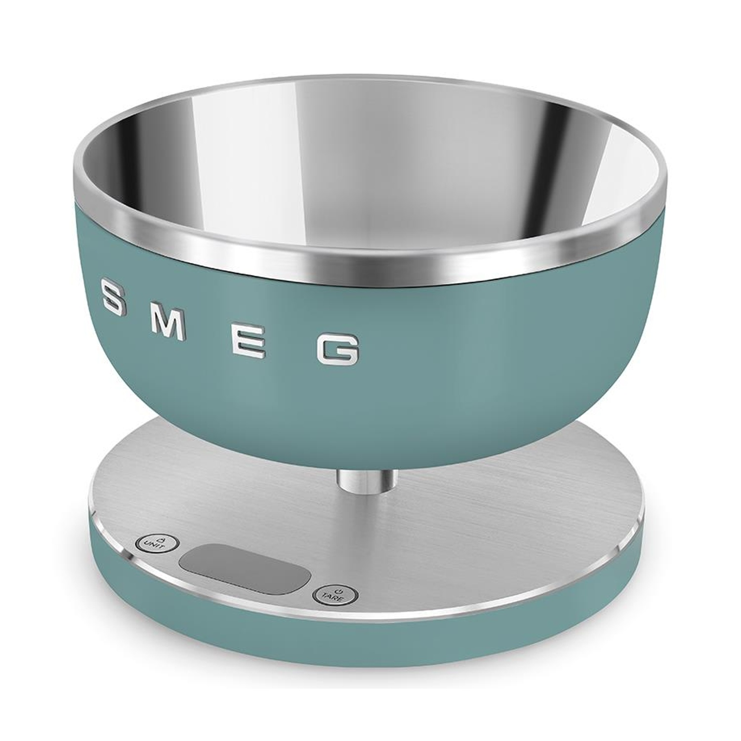 Bilancia da cucina color turchese con ciotola e base in acciaio inox. 'SMEG' è stampato.