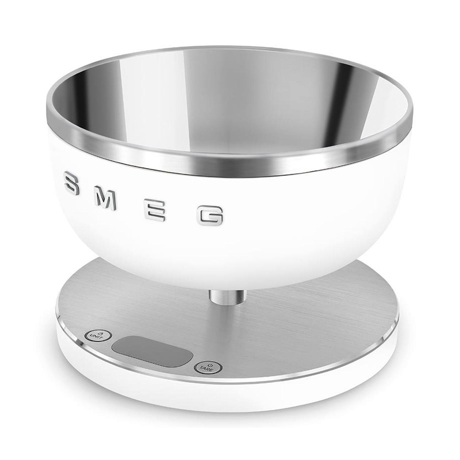Bilancia da cucina Smeg bianca e argento con una ciotola su sfondo bianco.