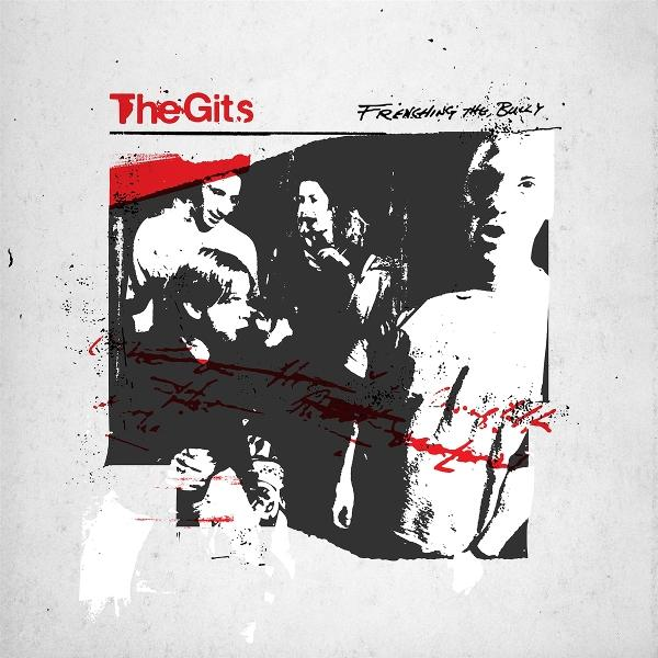 Albumcover, Schwarzweißbild einer Band. Roter und weißer Text auf grauem Hintergrund.