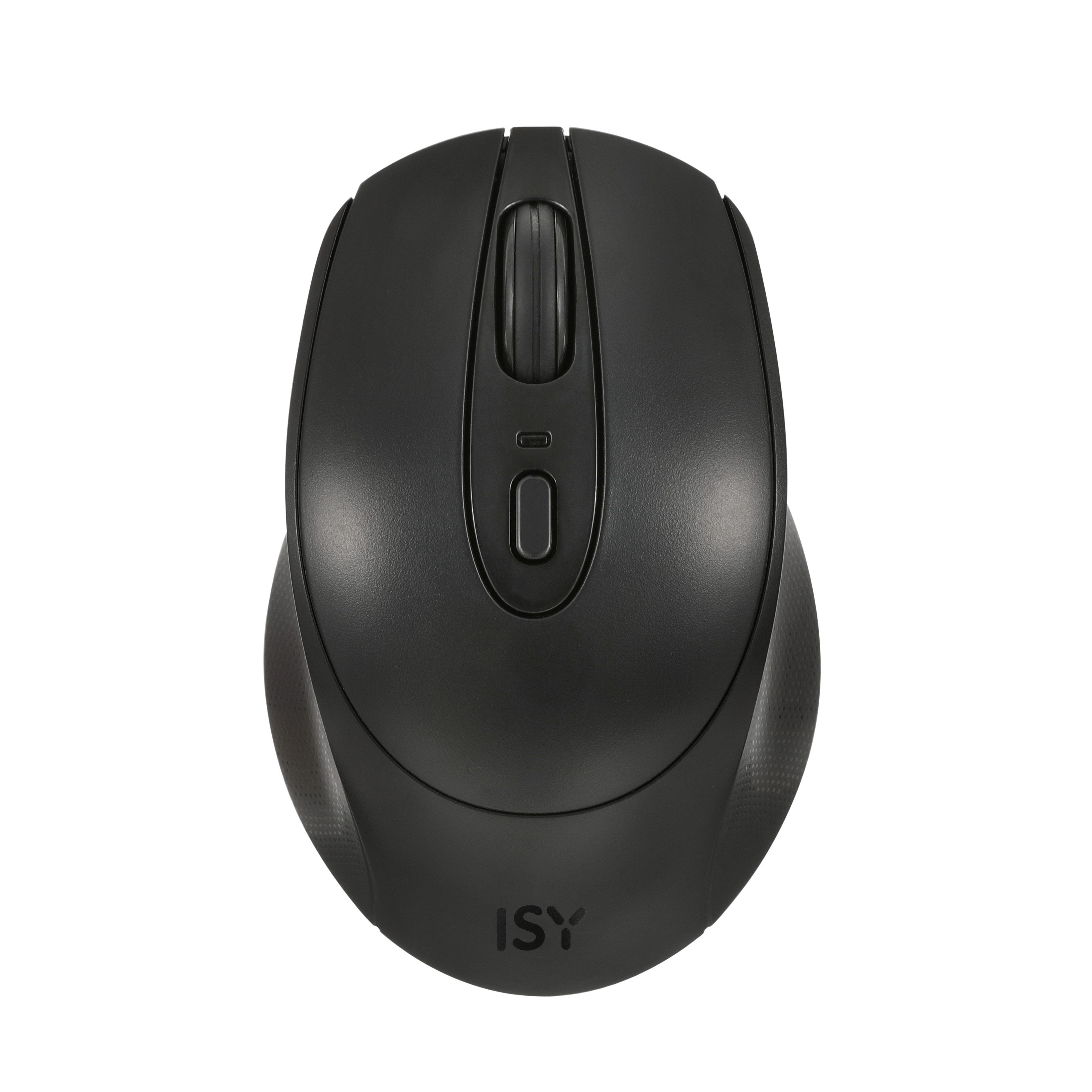 Eine schwarze Computermaus mit Scrollrad und Tasten. Sie hat eine glatte, abgerundete Form.