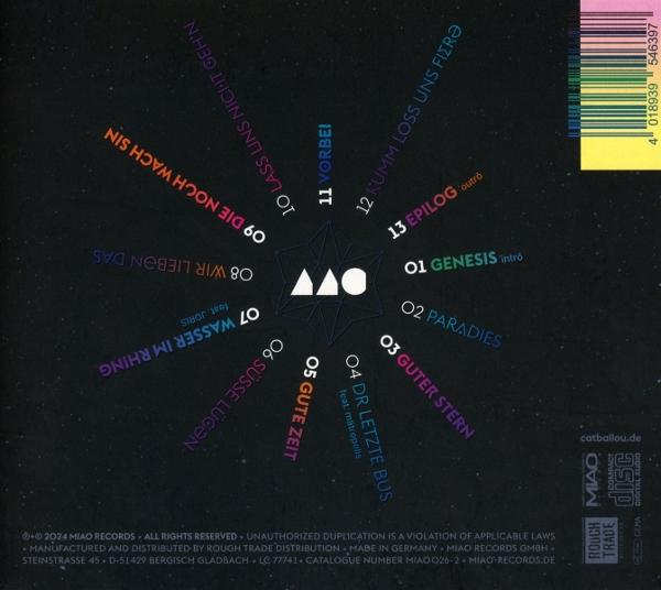 Ein CD-Cover mit schwarzem Hintergrund, Sternmuster und Text in mehreren Farben.