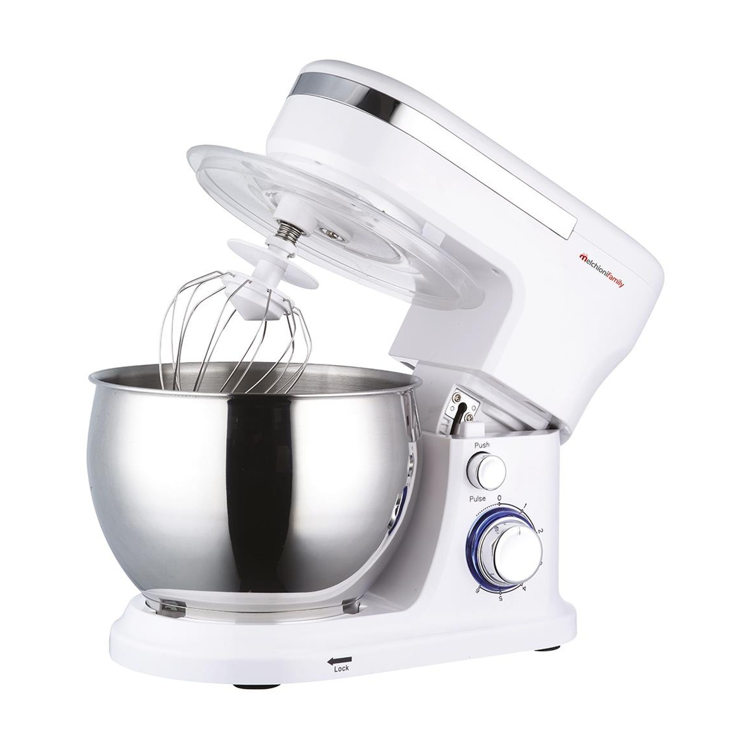 Un robot da cucina bianco con ciotola e accessori su sfondo bianco.