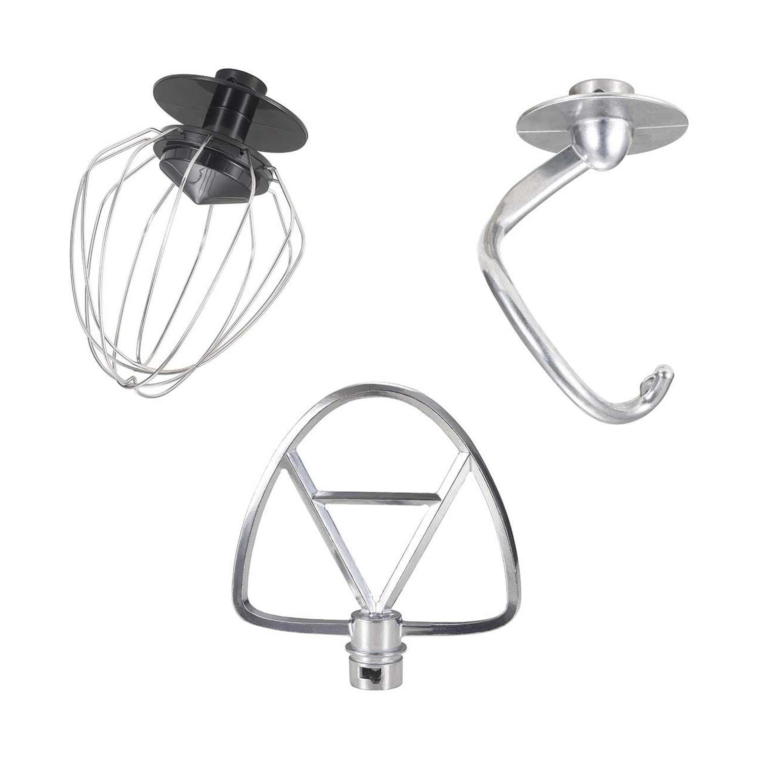 Tre accessori per mixer: frusta, gancio impastatore e frusta piatta.