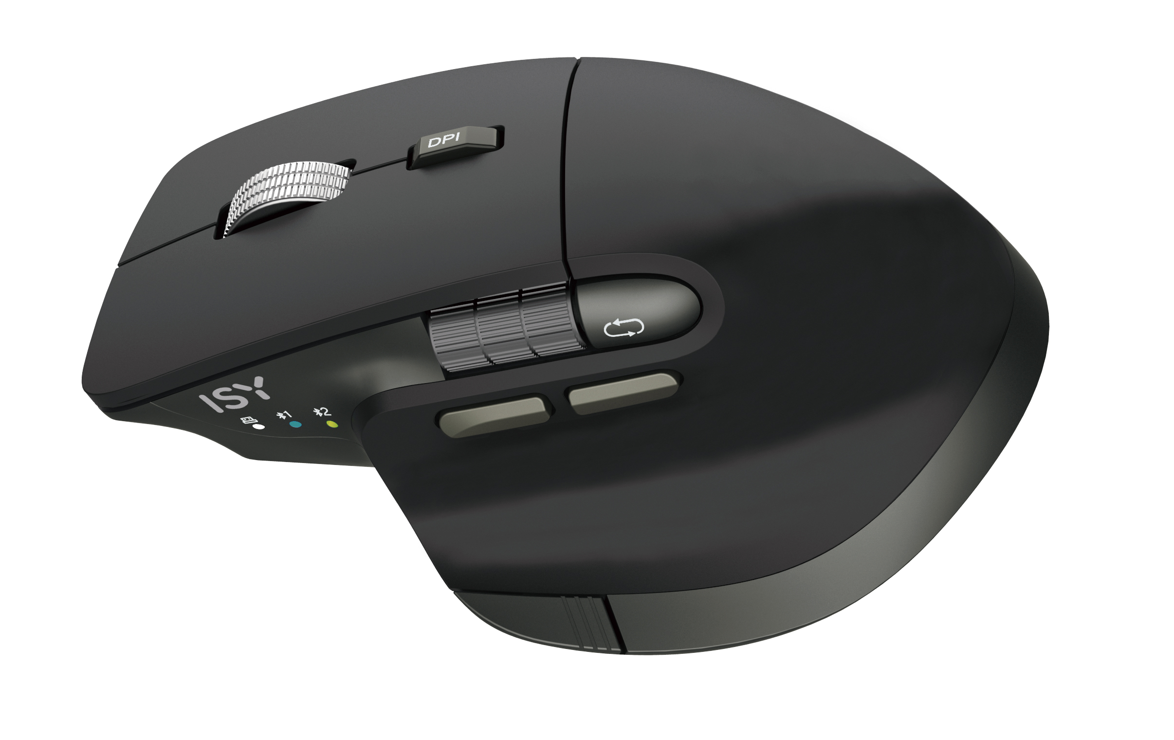 Eine schwarze kabellose Maus mit Knöpfen und einem Scrollrad, von der Seite gesehen.
