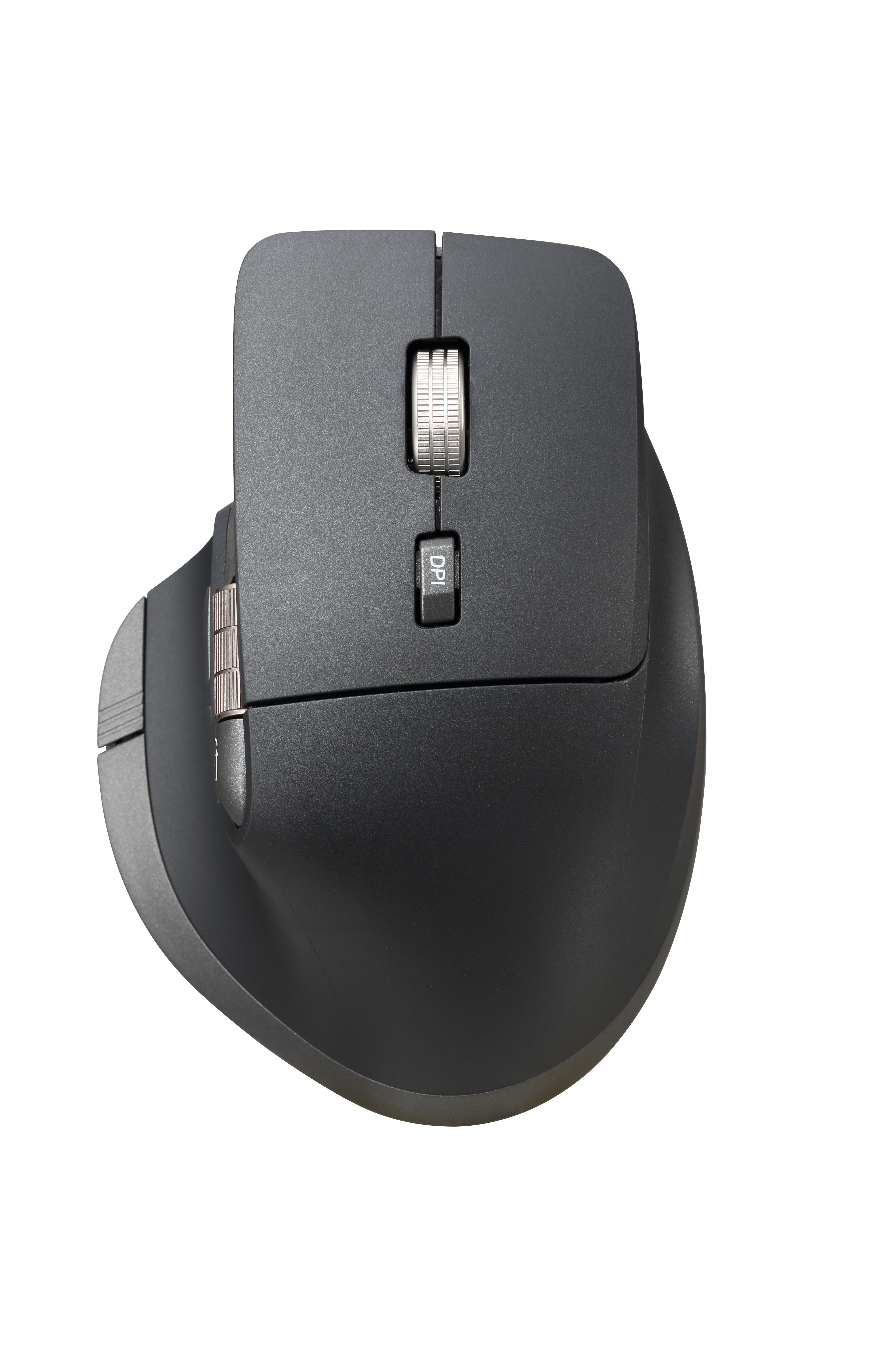 Schwarze ergonomische Maus mit Tasten und Scrollrad.