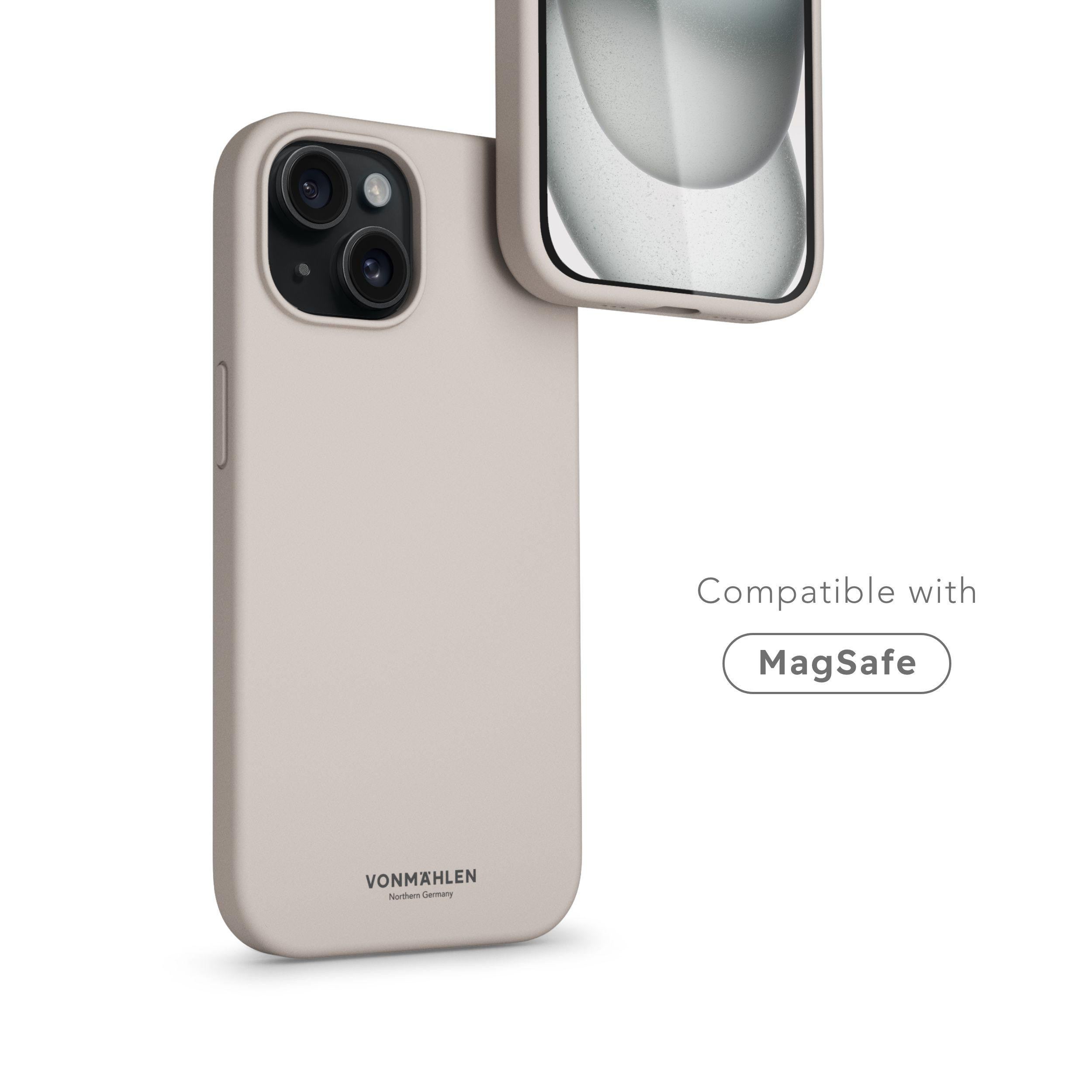 Telefonhülle und Telefon. Die Hülle hat eine helle Farbe, und das Telefon ist in der Hülle sichtbar.