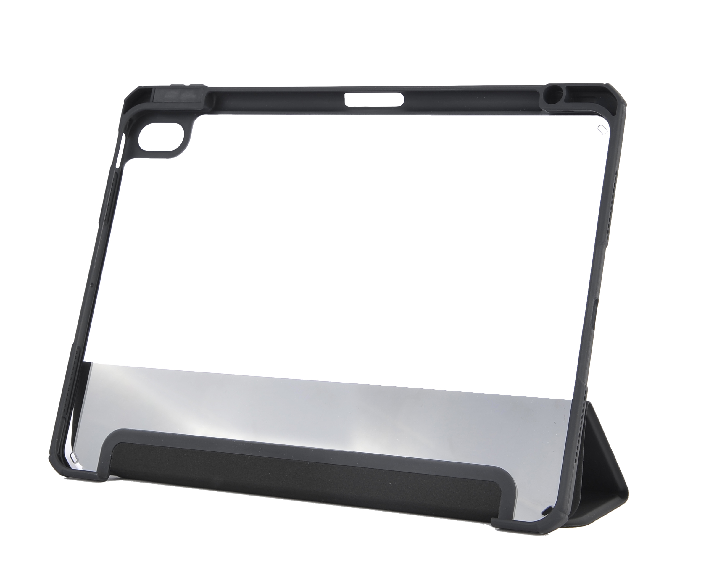 Schwarze Tablethülle mit klarer Displayschutzfolie. Geöffnete, angewinkelte Ansicht.