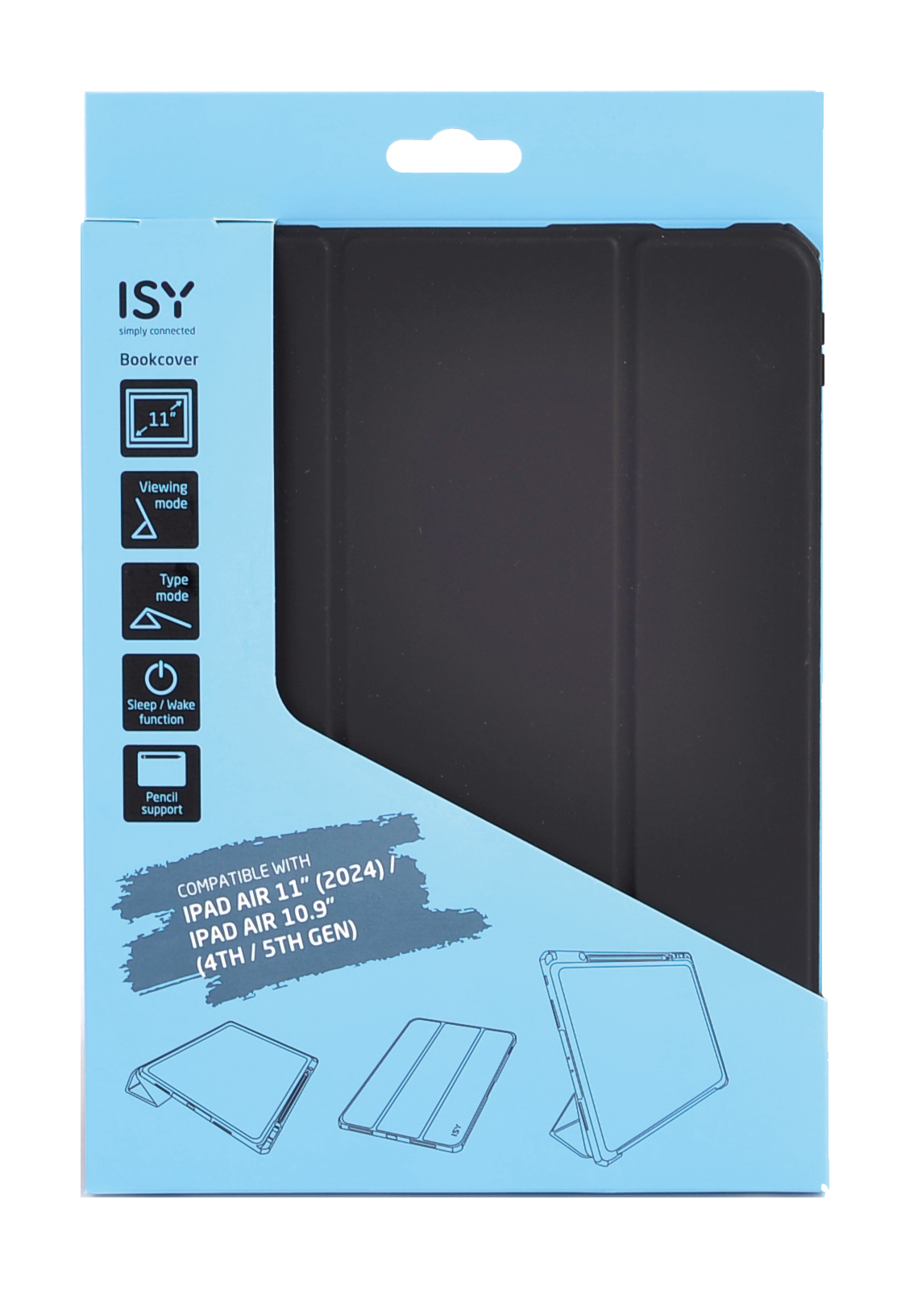 Eine blau-weiße iPad-Hüllenbox mit einer schwarzen Hülle im Inneren, mit Illustrationen der Hülle.