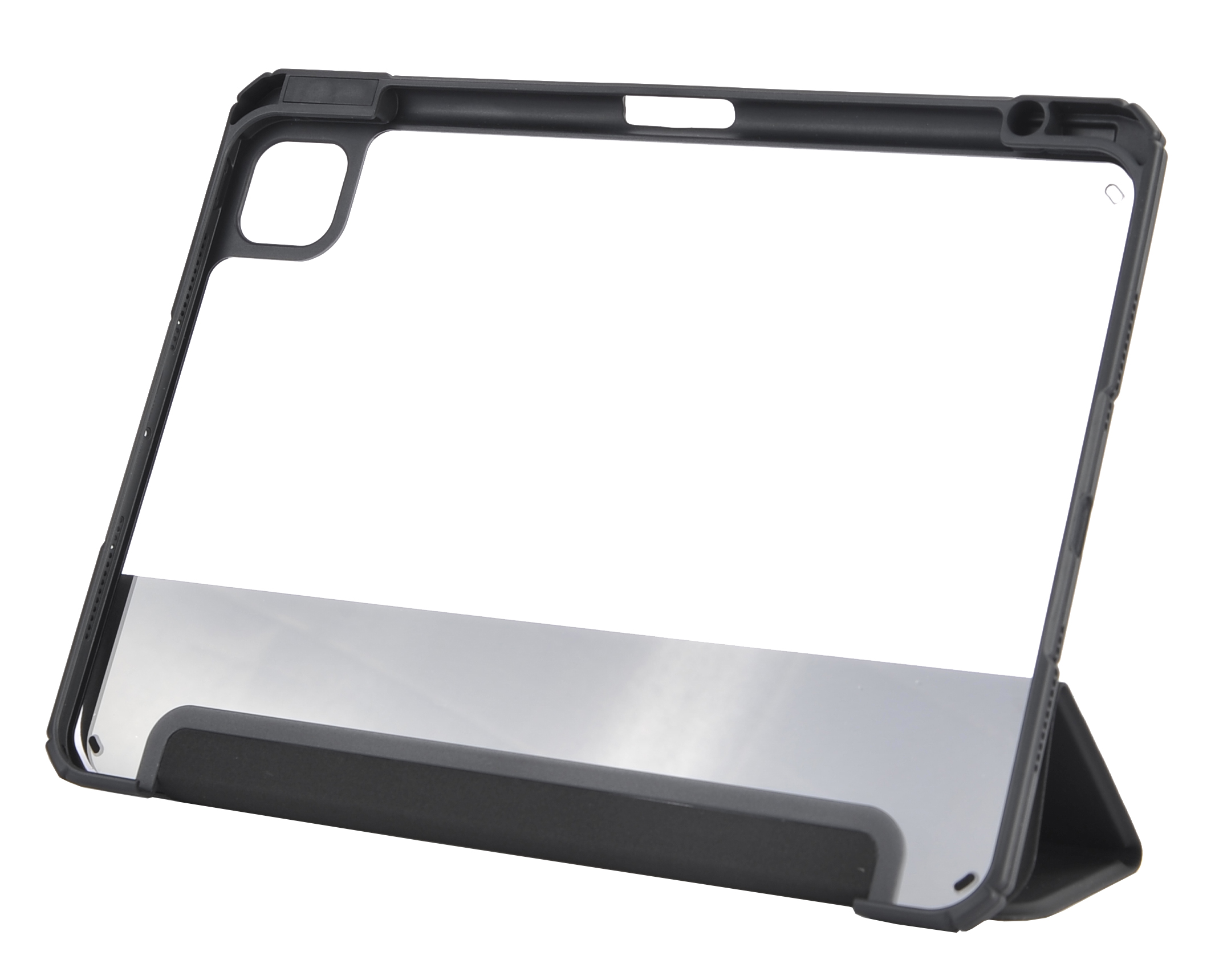 Eine schwarze Hülle für ein Tablet. Es ist in der Mitte klar.