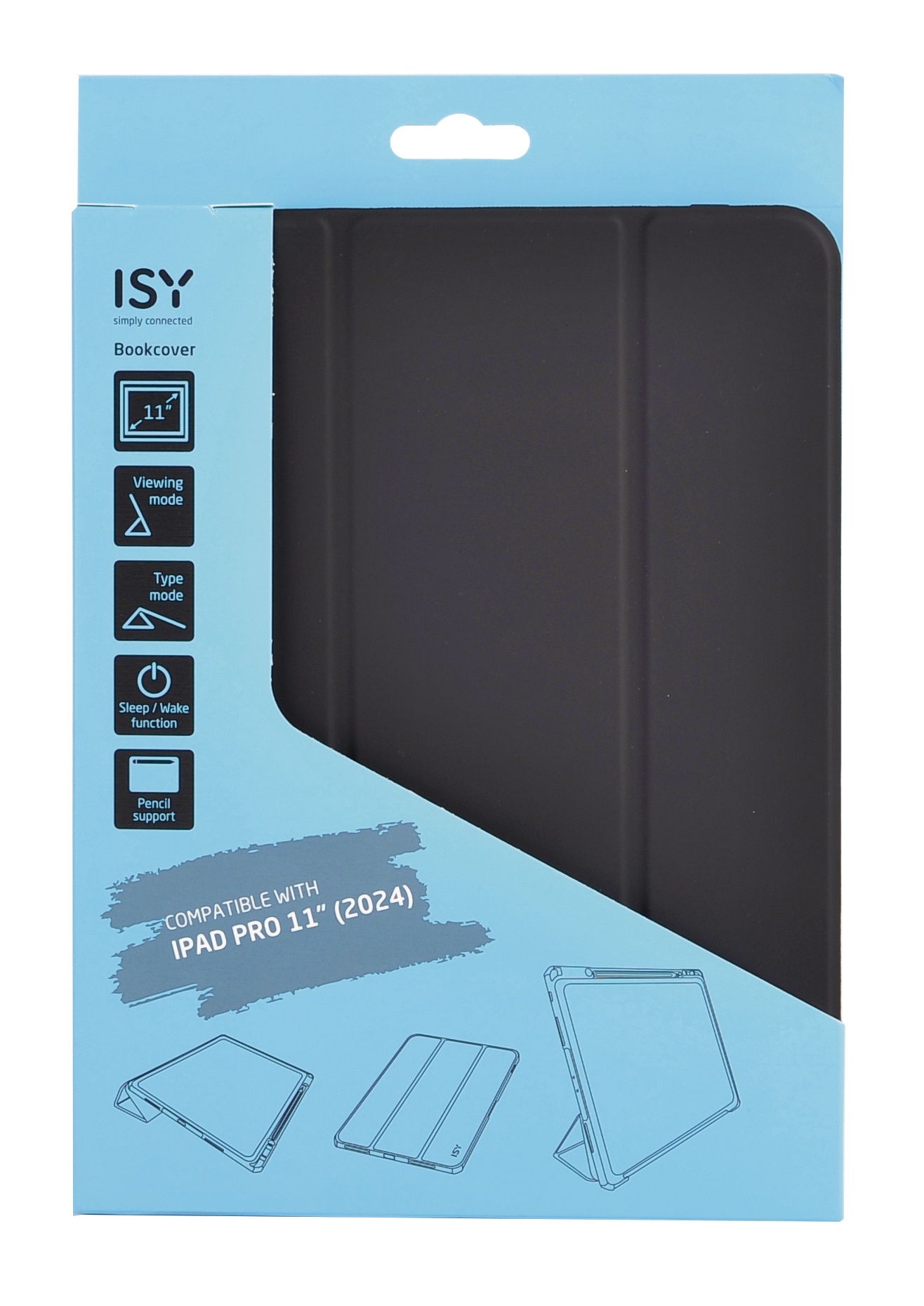 Eine schwarze iPad Pro 11" Hülle mit blauer Box und Illustrationen.