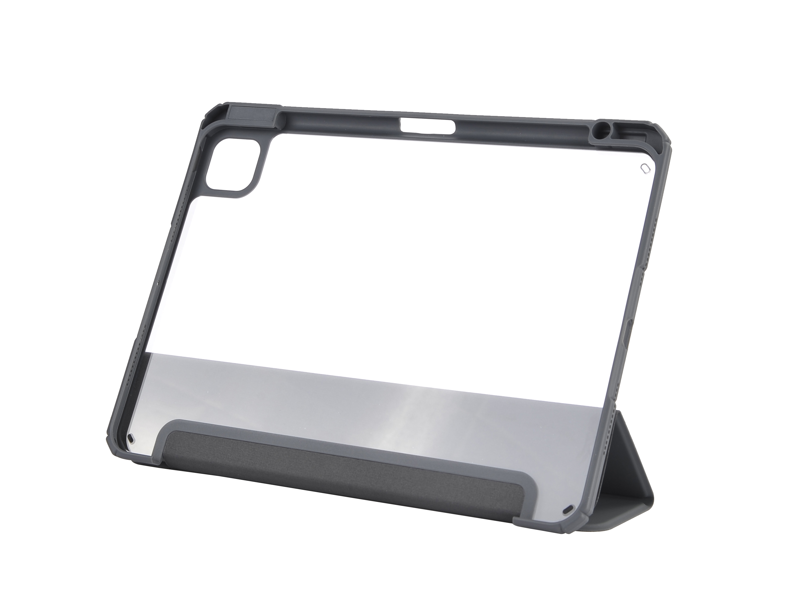 Tablet-Hülle, offen, mit klarer Abdeckung und dunkelgrauem Rahmen. Weißer Hintergrund.