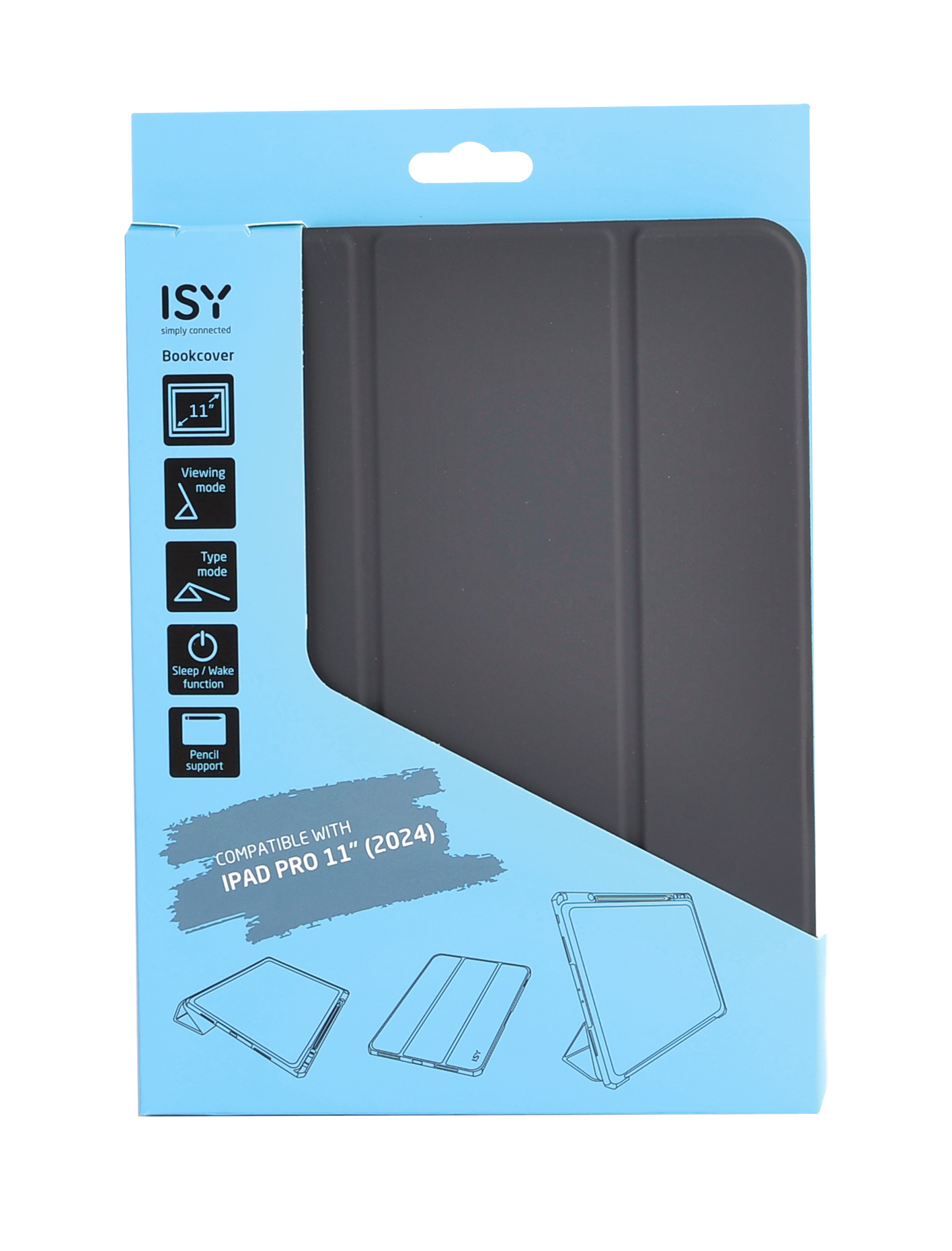 Tablet-Hüllenverpackung mit Illustrationen, Text und blau-weißem Farbschema.