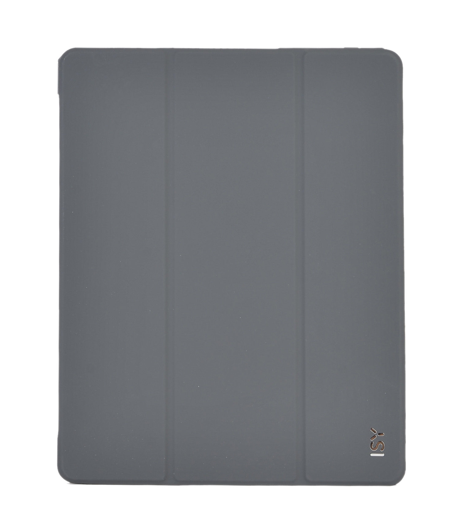 Graue Tablet-Hülle mit faltbarem Deckel. Das ASI-Logo befindet sich in der Ecke.