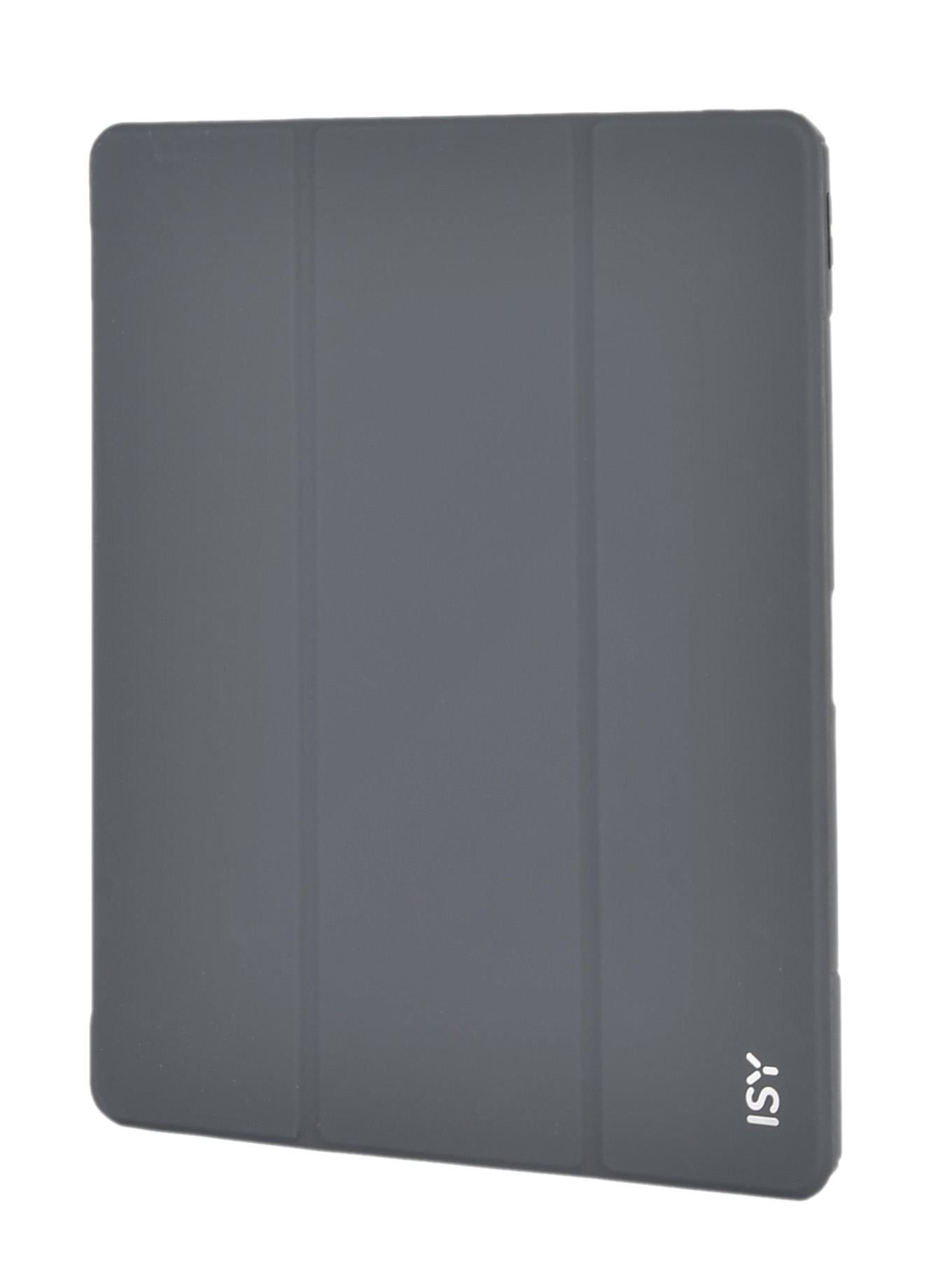 Eine graue Tablet-Hülle, gefaltet und gelehnt, zeigt das ISY-Logo in der unteren rechten Ecke.