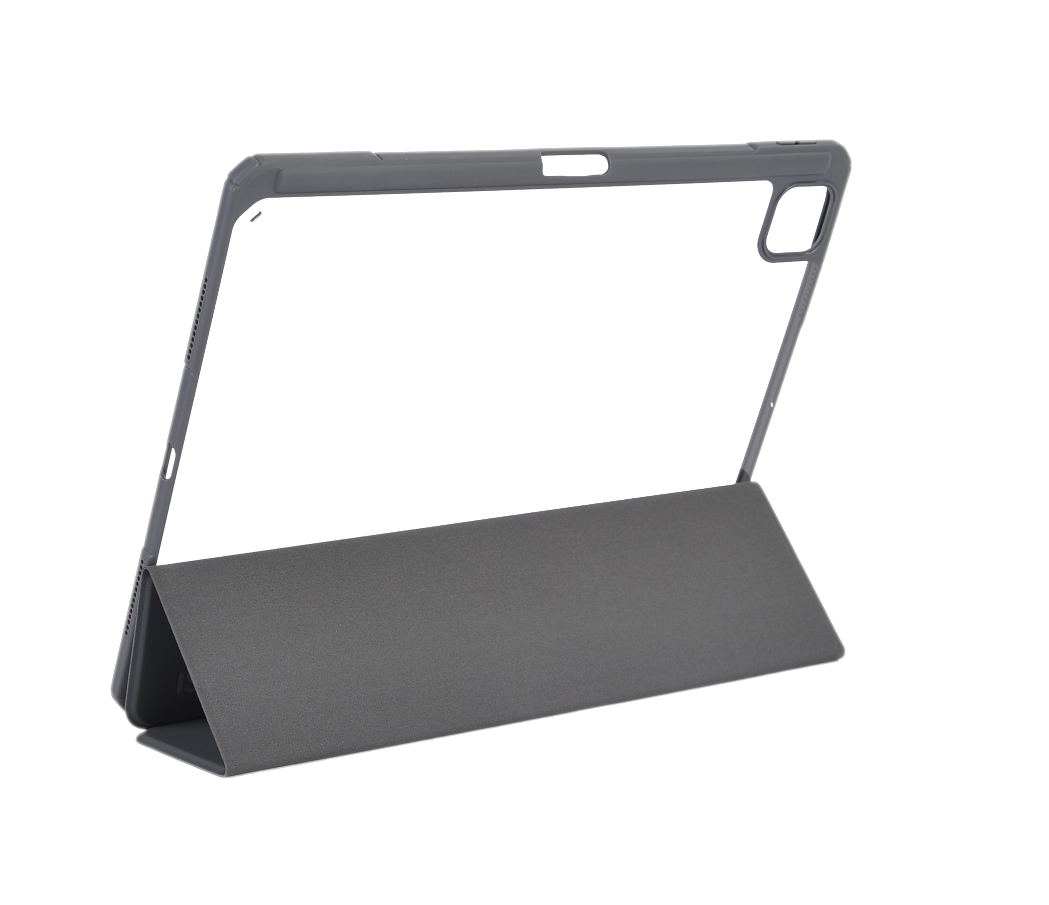 Graues Gehäuse für ein geöffnetes Tablet. Es hat eine klare Abdeckung.