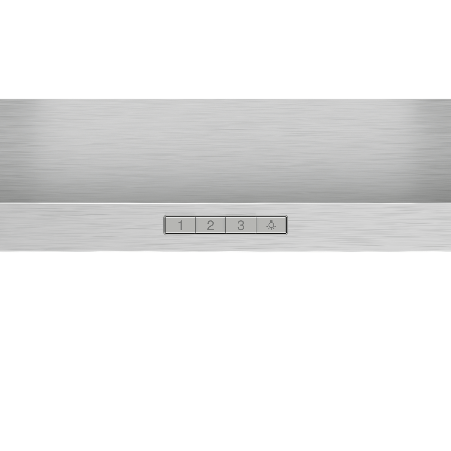 Silver range hood control panel with buttons.